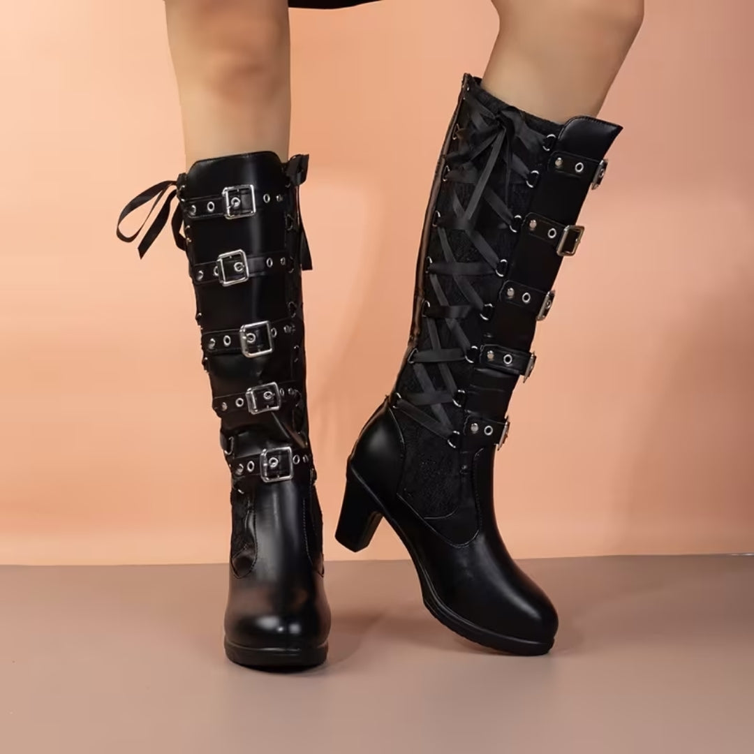 Stoere Dameslaarzen met Blokhak en Kantdetails – Gothic Punk Stijl voor Feest Halloween Festival Party | Sansoti