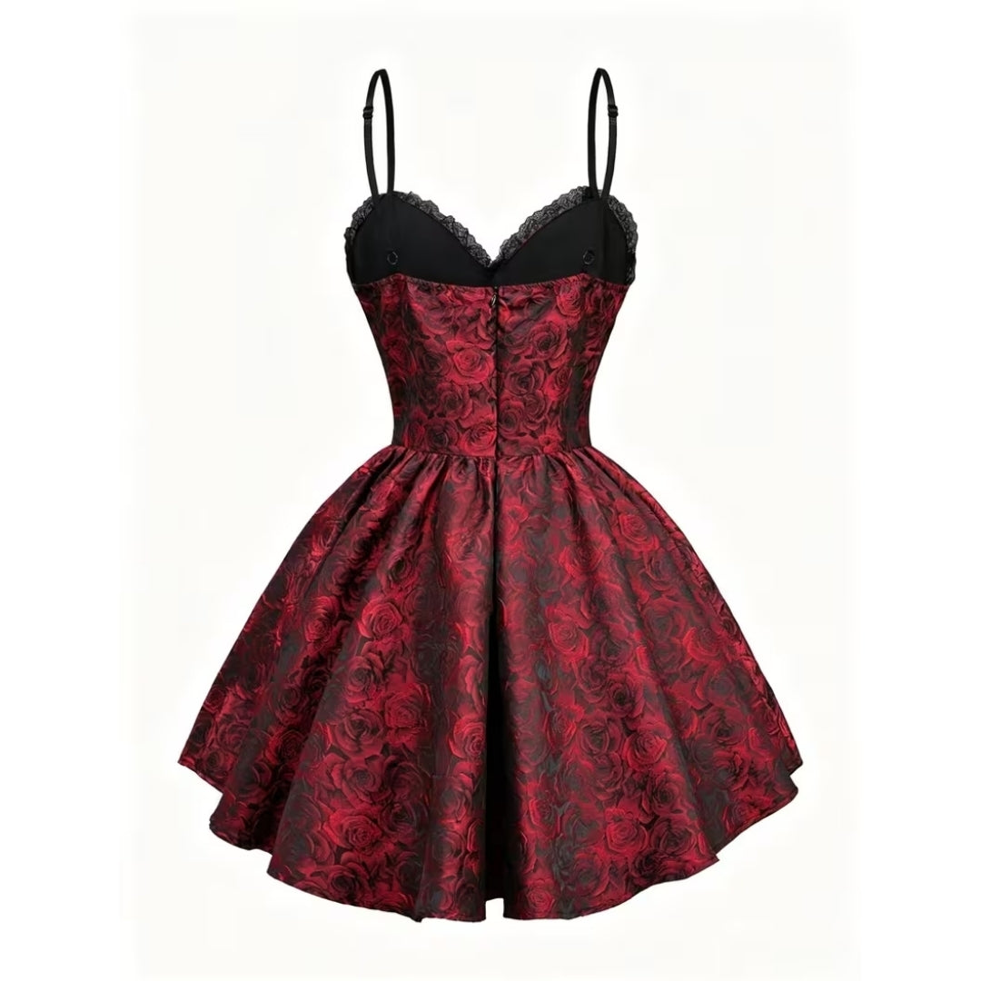 Gotische Feestjurk Rood met Rozenprint Vetersluiting Vintage Stijl voor Themafeesten Cosplay Halloween | Sansoti