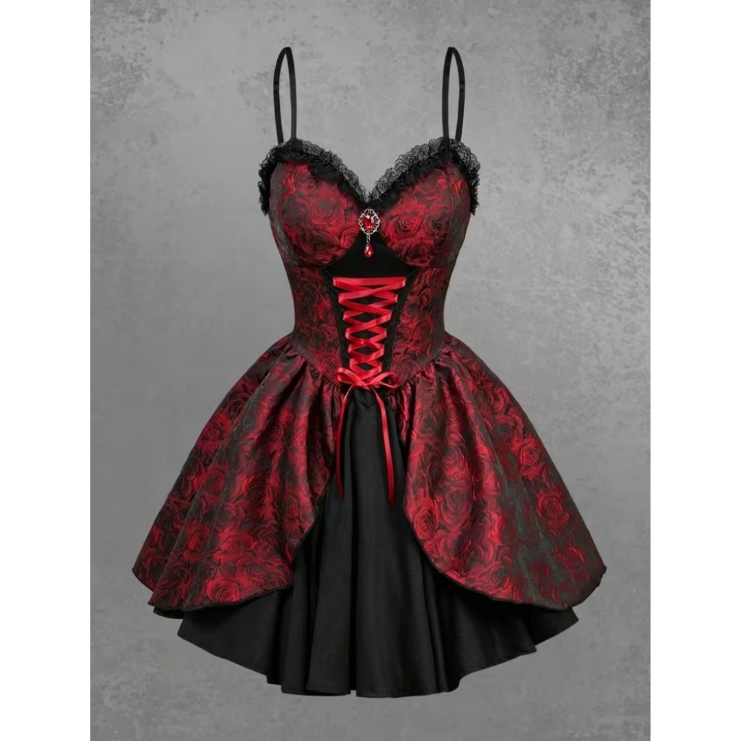 Gotische Feestjurk Rood met Rozenprint Vetersluiting Vintage Stijl voor Themafeesten Cosplay Halloween | Sansoti