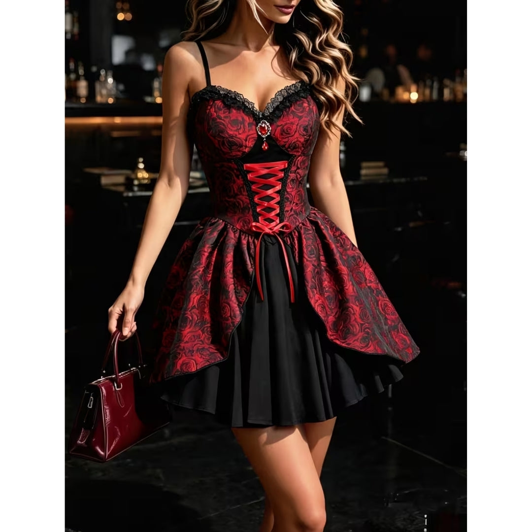 Gotische Feestjurk Rood met Rozenprint Vetersluiting Vintage Stijl voor Themafeesten Cosplay Halloween | Sansoti