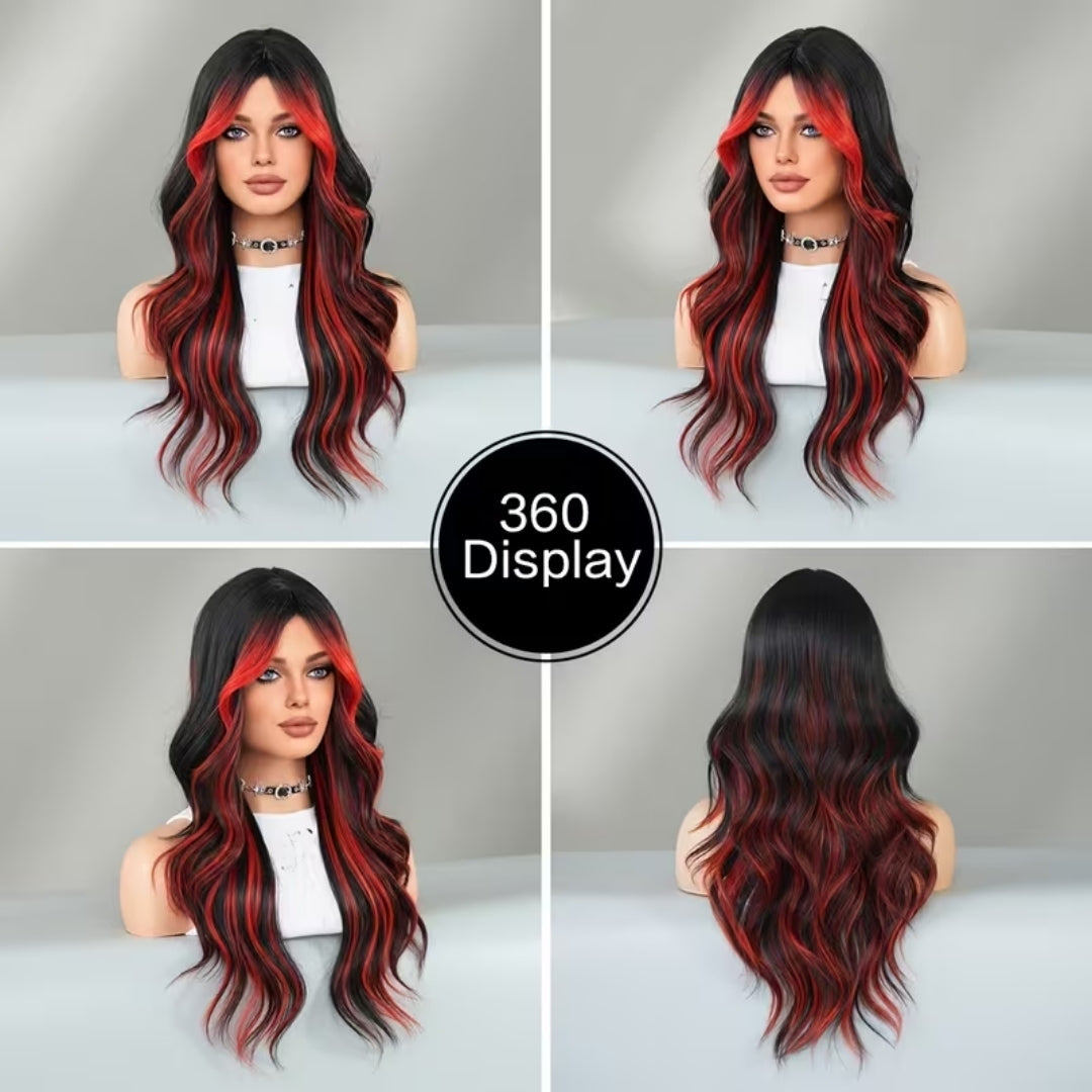 Zwart-Rode Damespruik Lange Golvende Krullen 66cm Ombre Haarwerk Themafeesten Cosplay Carnaval Kostuum | Sansoti