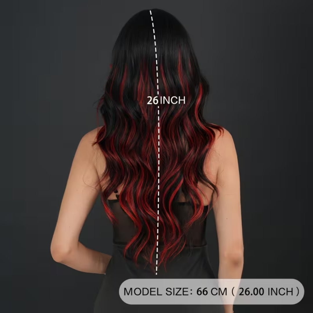 Zwart-Rode Damespruik Lange Golvende Krullen 66cm Ombre Haarwerk Themafeesten Cosplay Carnaval Kostuum | Sansoti