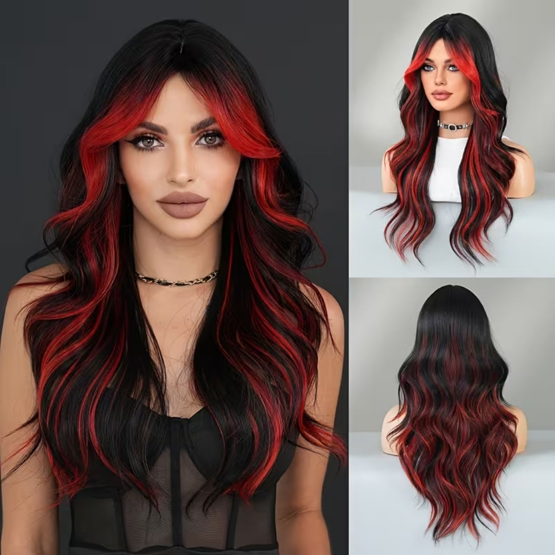 Zwart-Rode Damespruik Lange Golvende Krullen 66cm Ombre Haarwerk Themafeesten Cosplay Carnaval Kostuum | Sansoti