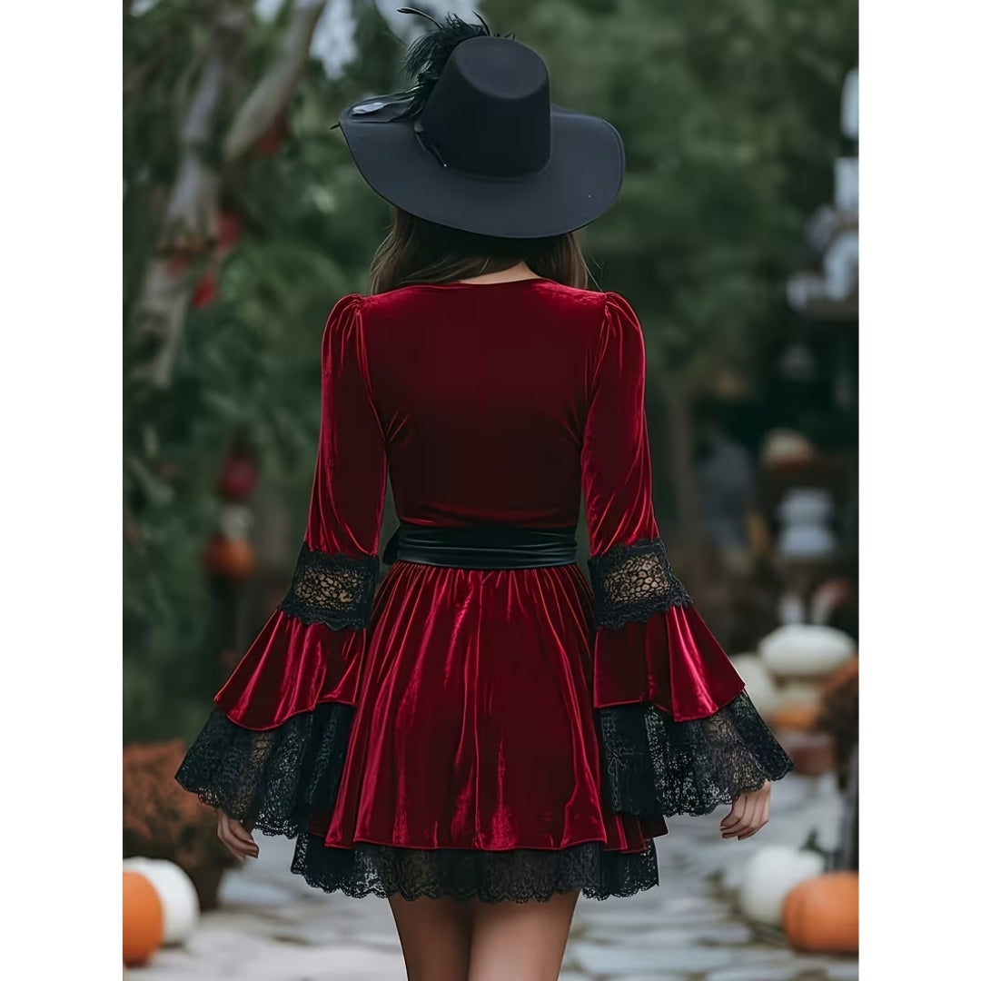 Fluwelen Mini-Jurk V-hals Kant Gothic Vintage Dames Feestjurk Strik Halloween Avondjurk Rood Elegant | Sansoti