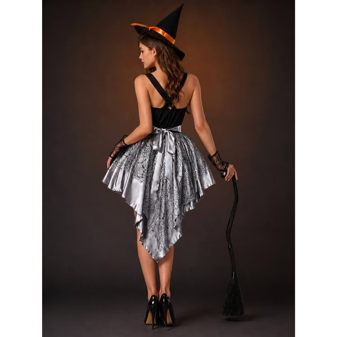 Toverkostuum met Punthoed en Kanten Rok voor Halloween Feestlook Carnaval Verkleedpartij Dames Maat XS-2XL | Sansoti