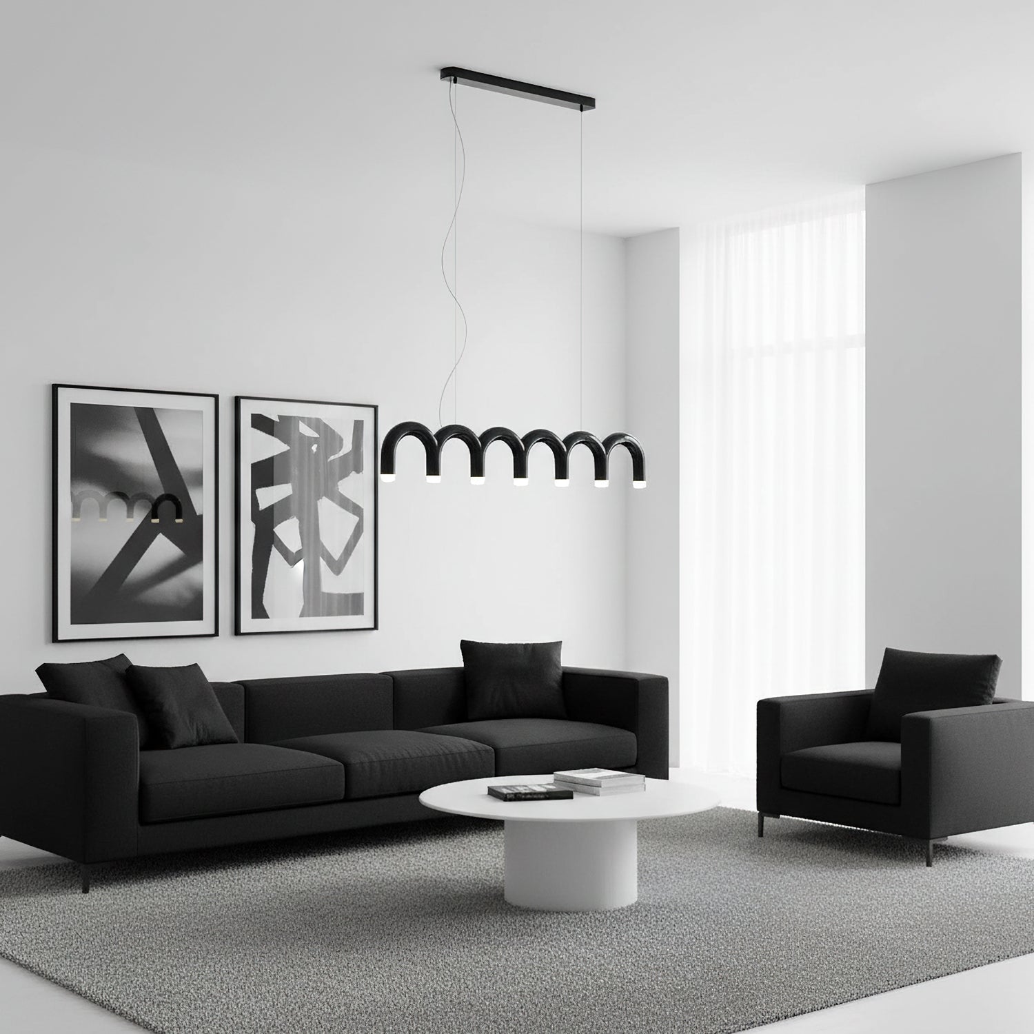 Moderne Kroonluchter met Cirkelvormige M-Bogen – 4, 7 of 9 Lichtpunten in Wit, Zwart of Blauw | Sansoti