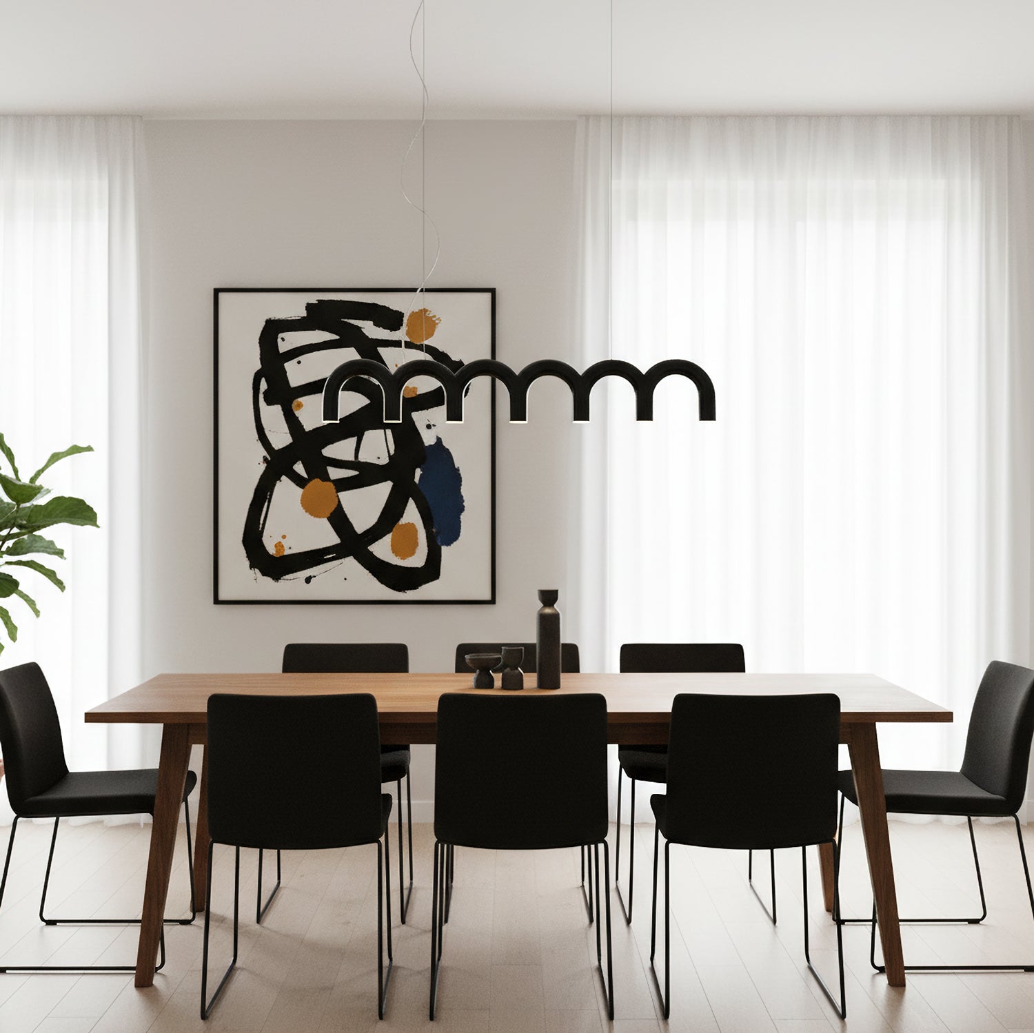 Moderne Kroonluchter met Cirkelvormige M-Bogen – 4, 7 of 9 Lichtpunten in Wit, Zwart of Blauw | Sansoti
