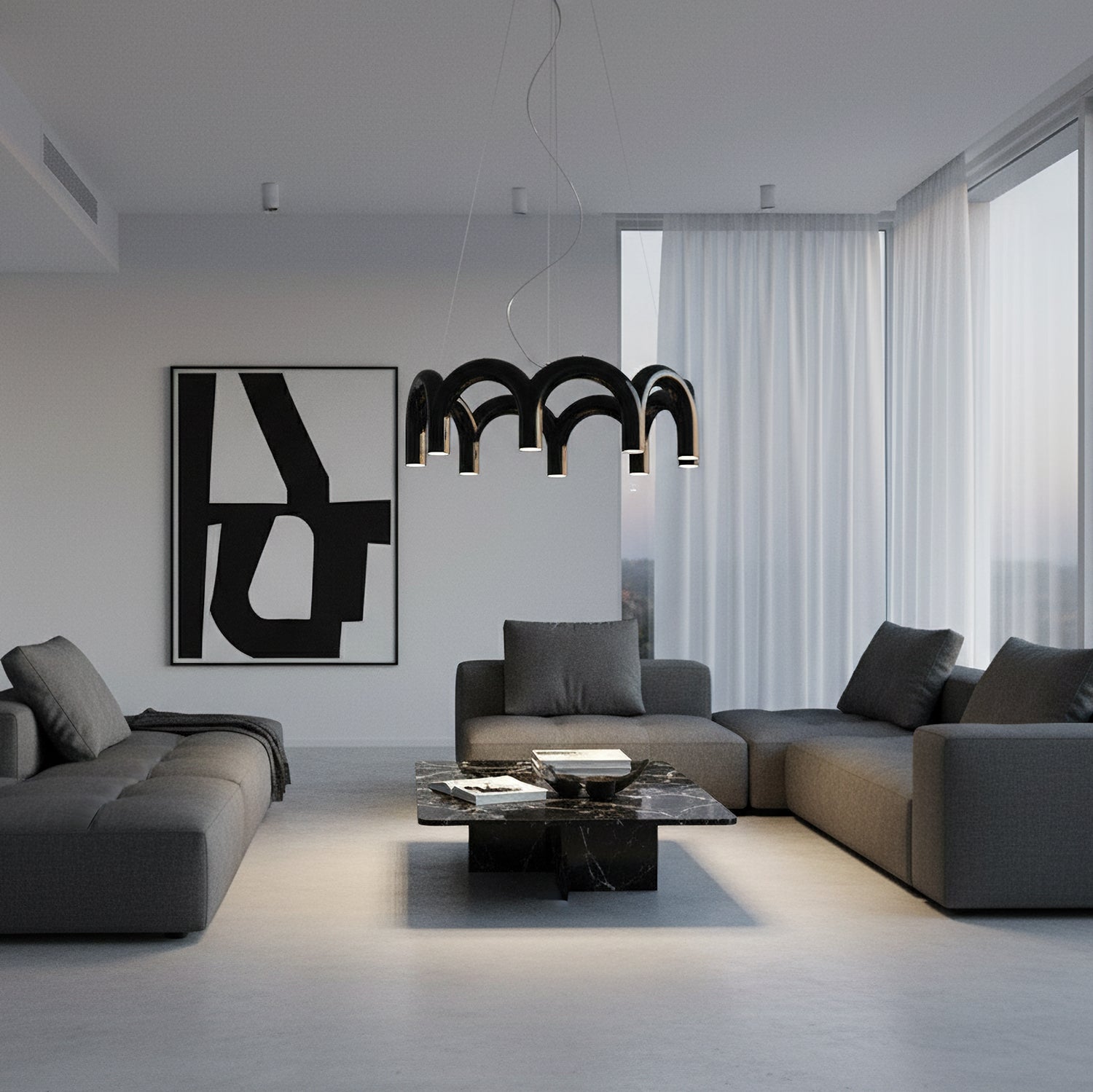 Moderne Kroonluchter met Cirkelvormige M-Bogen – 4, 7 of 9 Lichtpunten in Wit, Zwart of Blauw | Sansoti