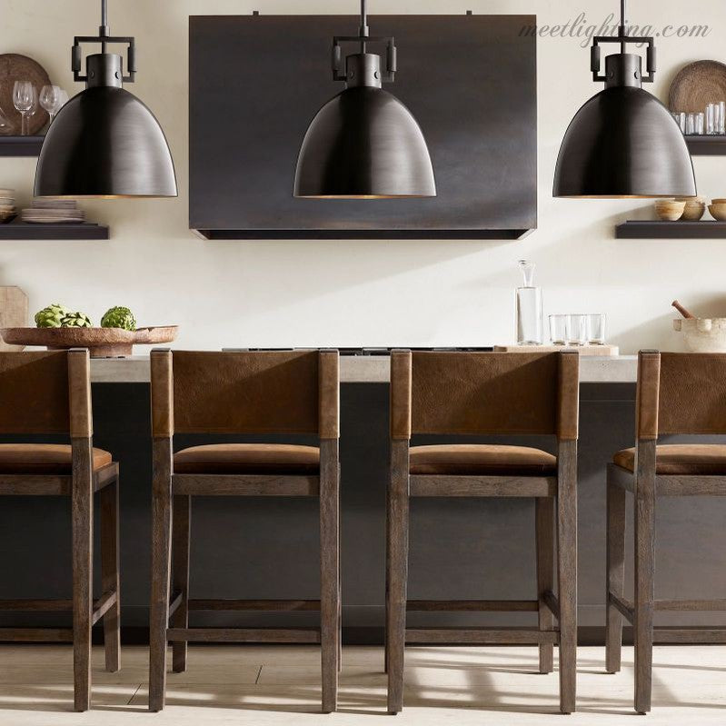 Suspension industrielle en métal pour cuisine et salle à manger, forme arquée, abat-jour en dôme, E26, dimmable, réglable, laiton noir | Sansoti