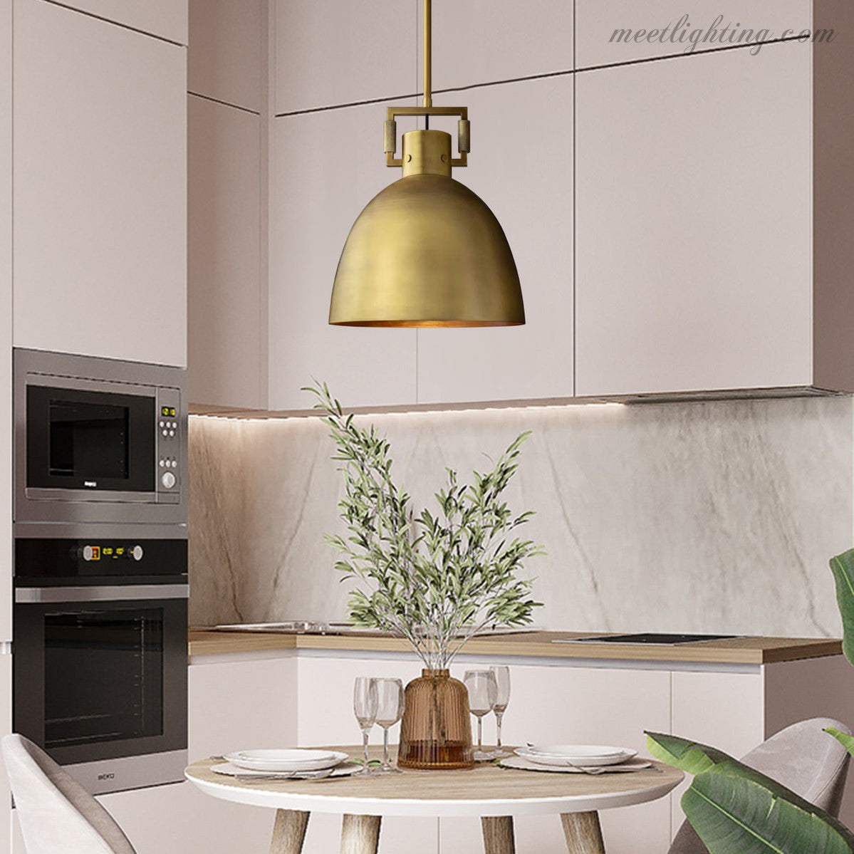 Suspension industrielle en métal pour cuisine et salle à manger, forme arquée, abat-jour en dôme, E26, dimmable, réglable, laiton noir | Sansoti