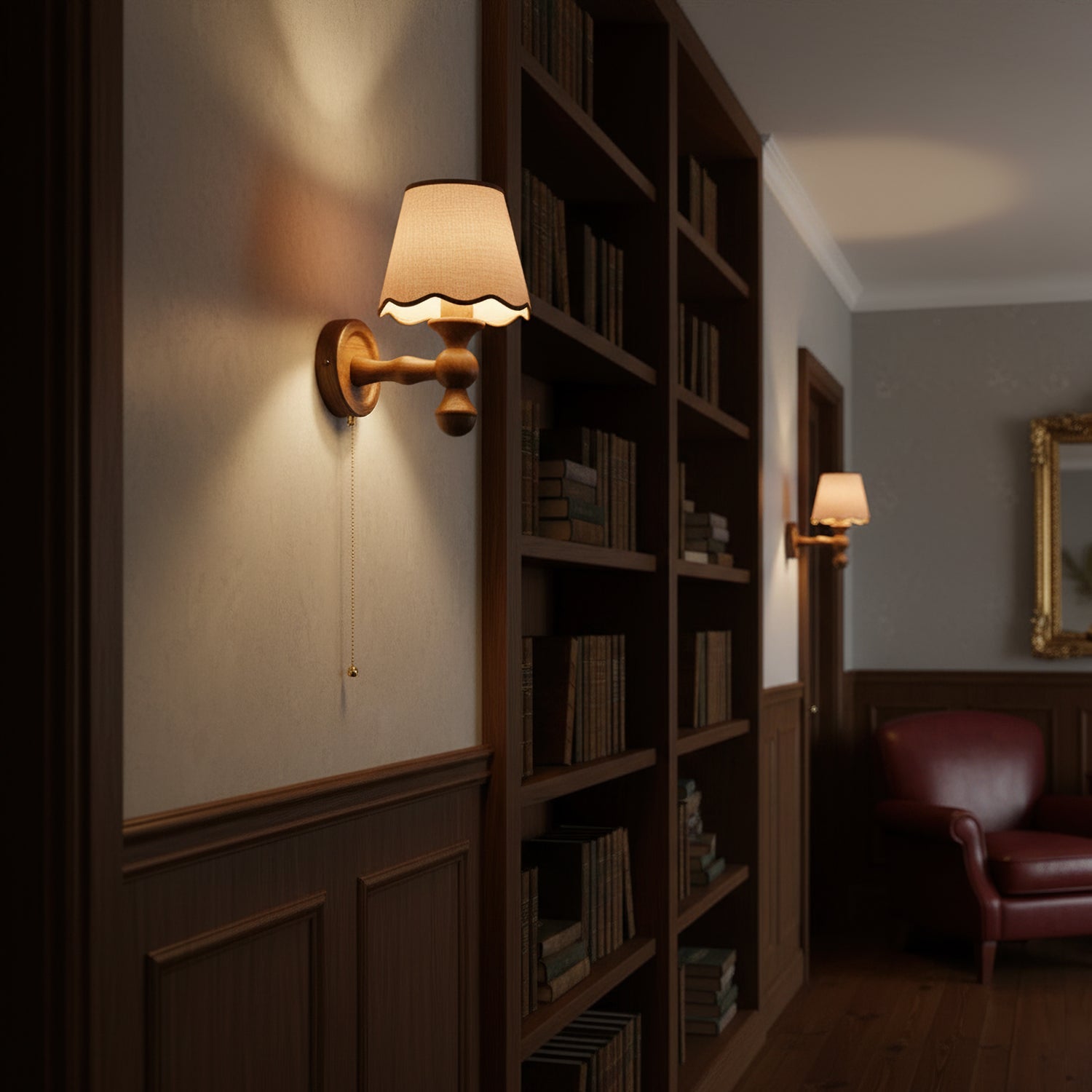 Wandlamp met golvende stoffen kap – Walnoot en beige vintage wandverlichting voor slaapkamer en gang | Sansoti