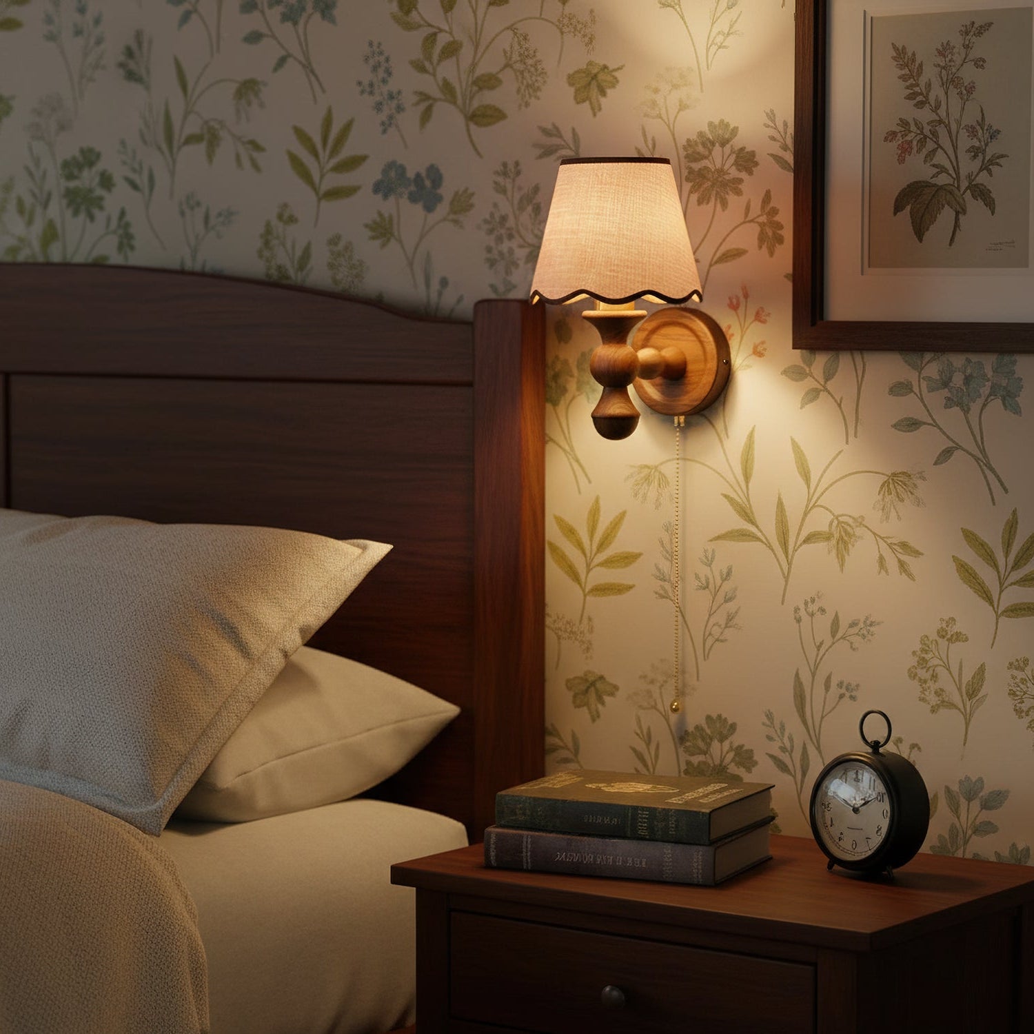 Wandlamp met golvende stoffen kap – Walnoot en beige vintage wandverlichting voor slaapkamer en gang | Sansoti