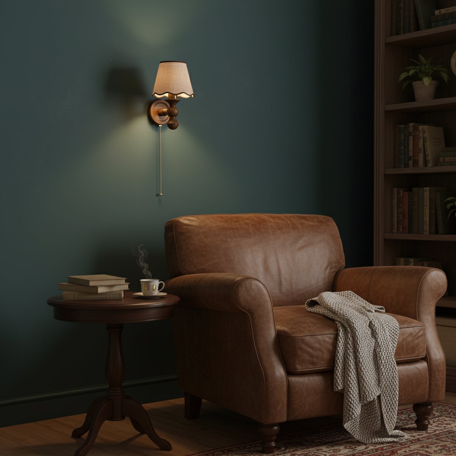 Wandlamp met golvende stoffen kap – Walnoot en beige vintage wandverlichting voor slaapkamer en gang | Sansoti
