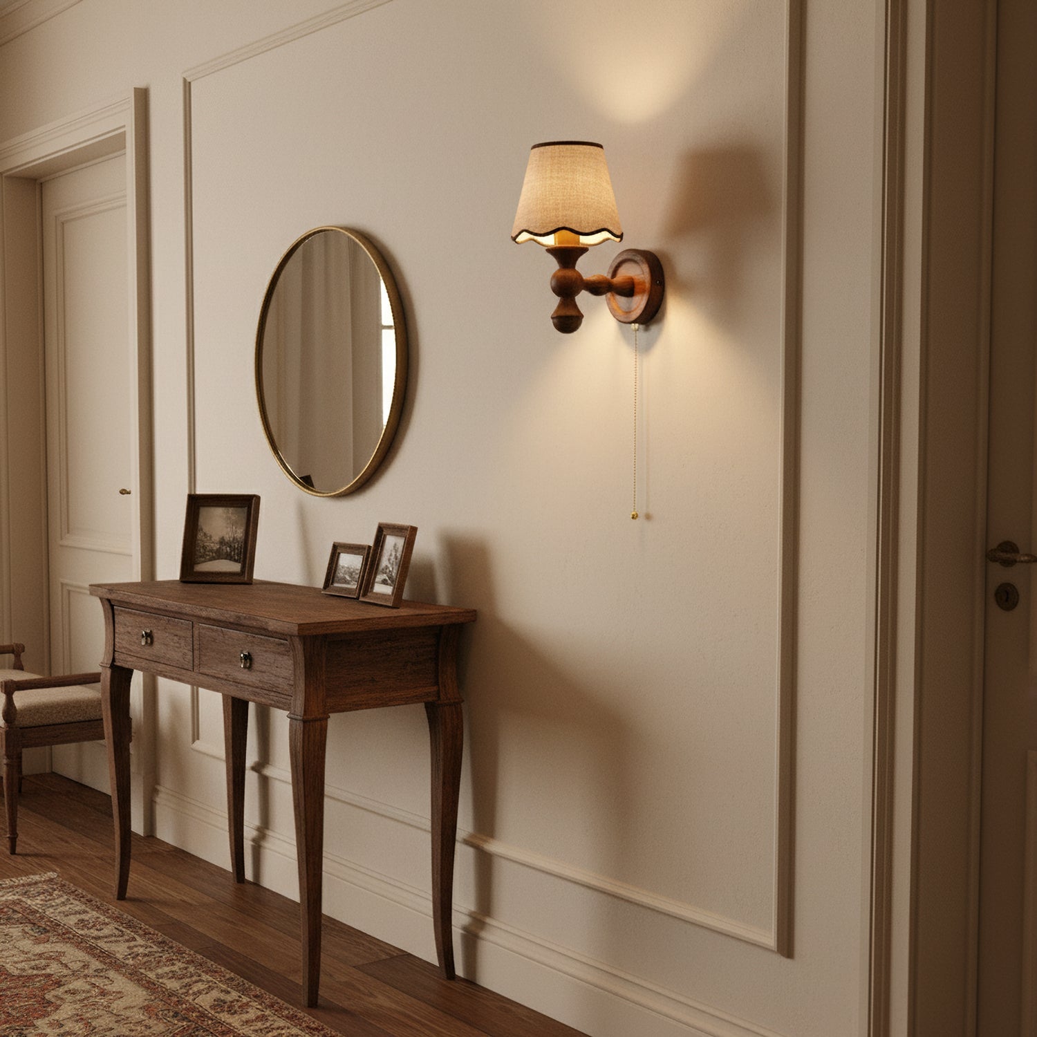 Wandlamp met golvende stoffen kap – Walnoot en beige vintage wandverlichting voor slaapkamer en gang | Sansoti