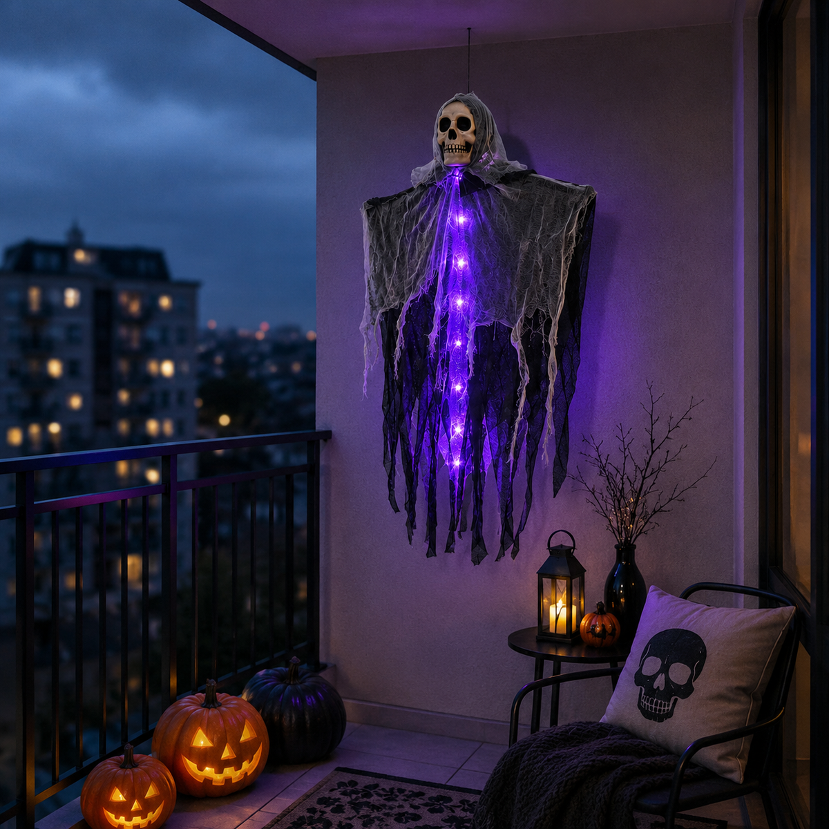 Light-Up Hanging Ghost with Skull and Mesh for Halloween Garden Porch Party Spooky Atmosphere Outdoor | Sansoti