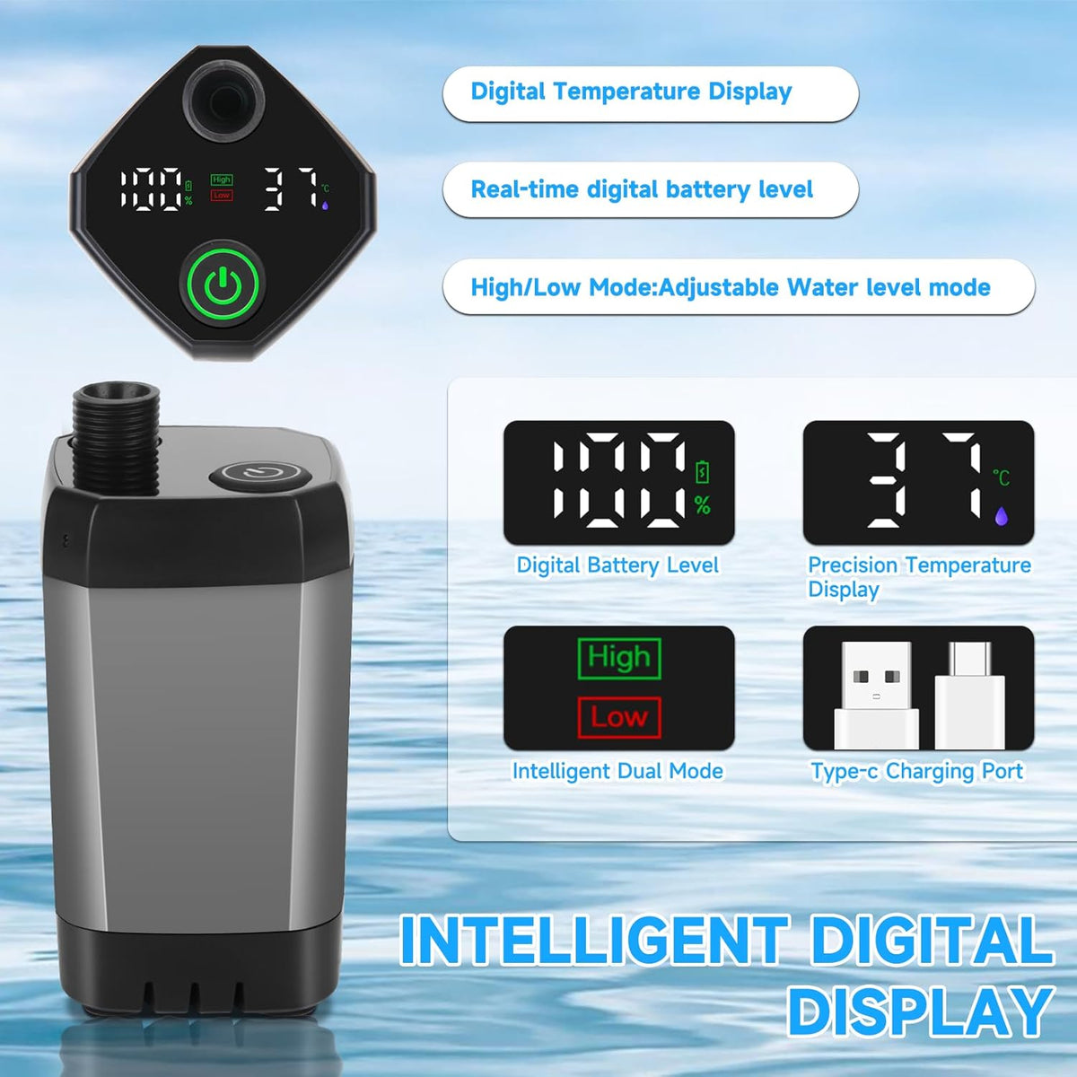 Tragbare Campingdusche mit digitalem Display, wiederaufladbarem 6000-mAh-Akku und einstellbarem Strahl für Reisen und Camping | Sansoti