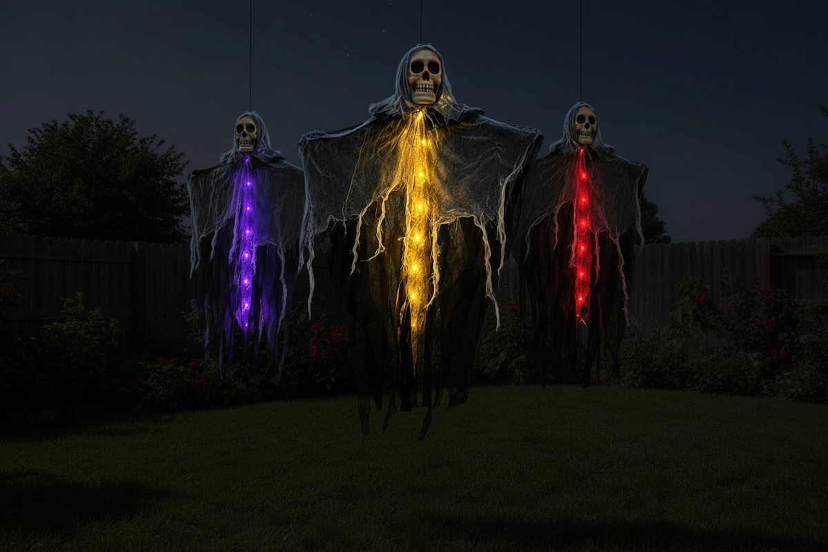 Light-Up Hanging Ghost with Skull and Mesh for Halloween Garden Porch Party Spooky Atmosphere Outdoor | Sansoti