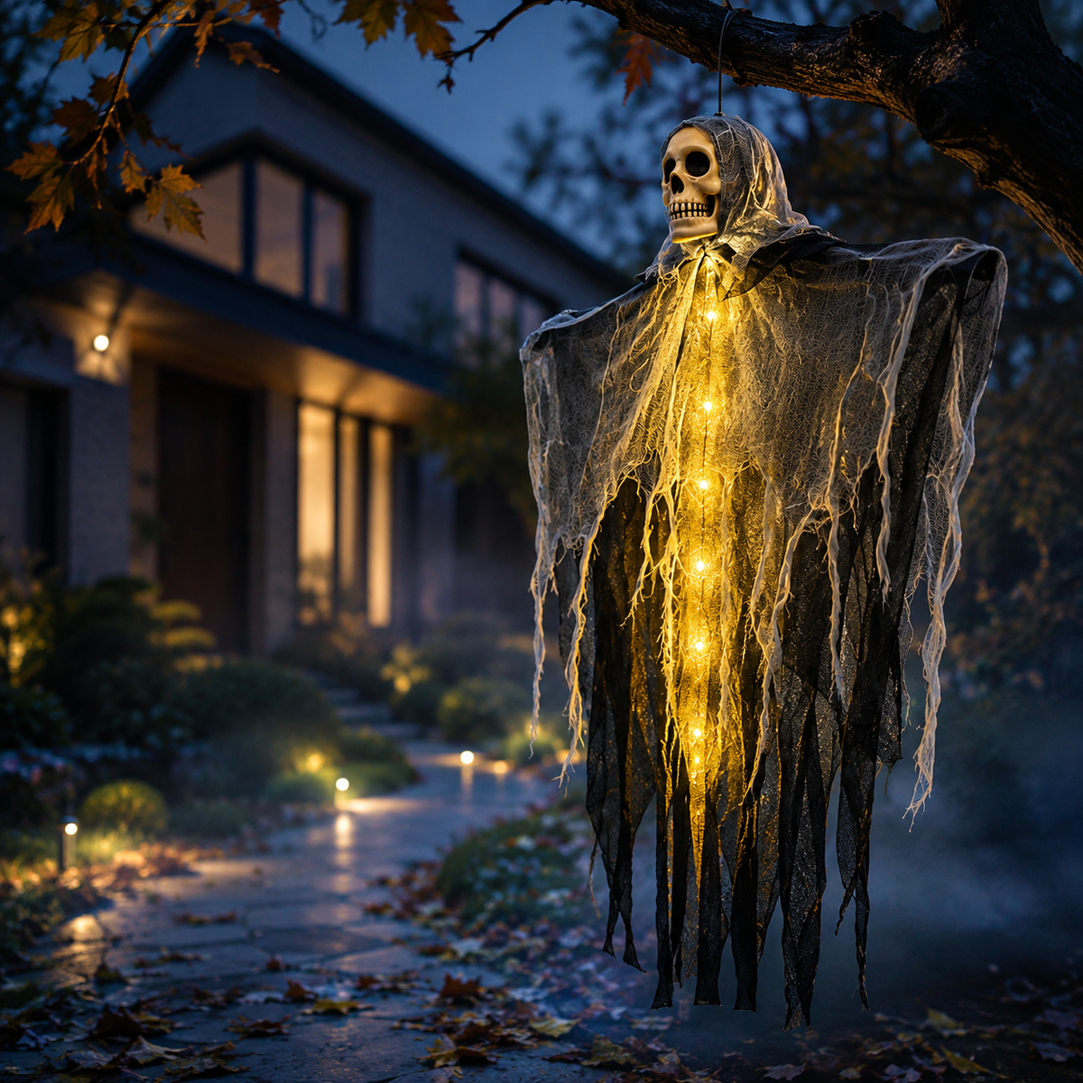 Light-Up Hanging Ghost with Skull and Mesh for Halloween Garden Porch Party Spooky Atmosphere Outdoor | Sansoti
