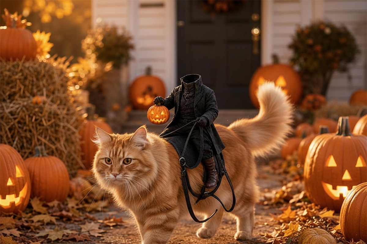 Halloween Pet Costume 3D Pumpkin with Headless Horseman Motif for Dogs and Cats Photoshoot Party Dress-Up | Sansoti
