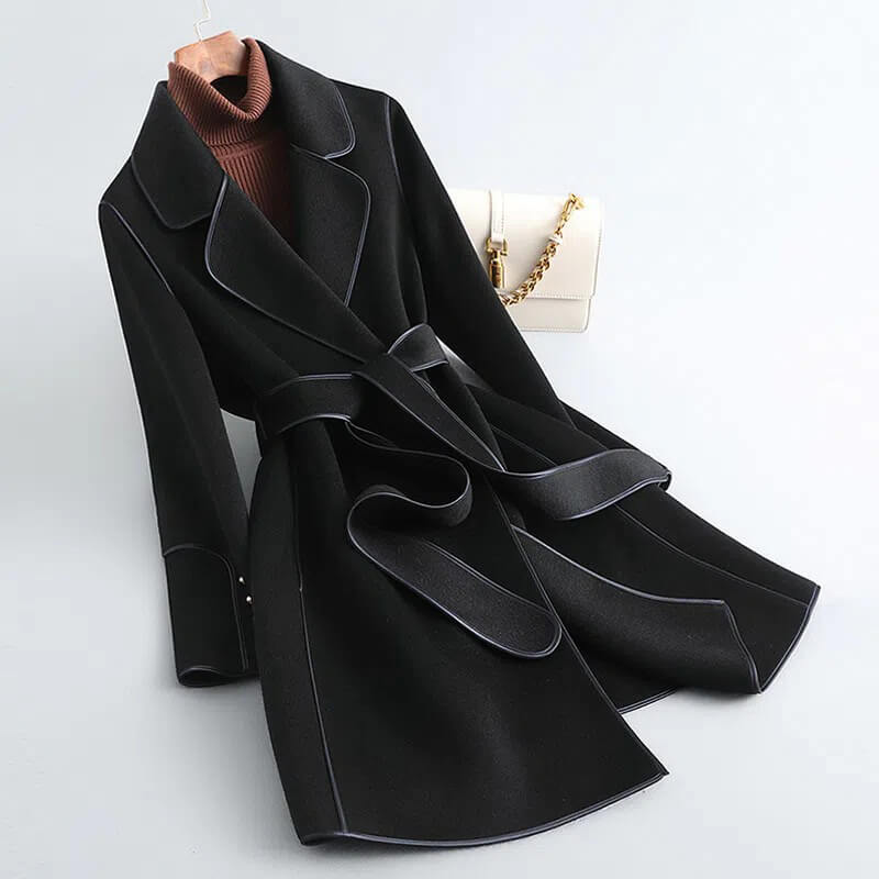 Długi wełniany trencz damski z paskiem, klasyczny płaszcz zimowy, Camel, Czarny, Zielony, Brązowy XS-3XL Elegancki | Sansoti