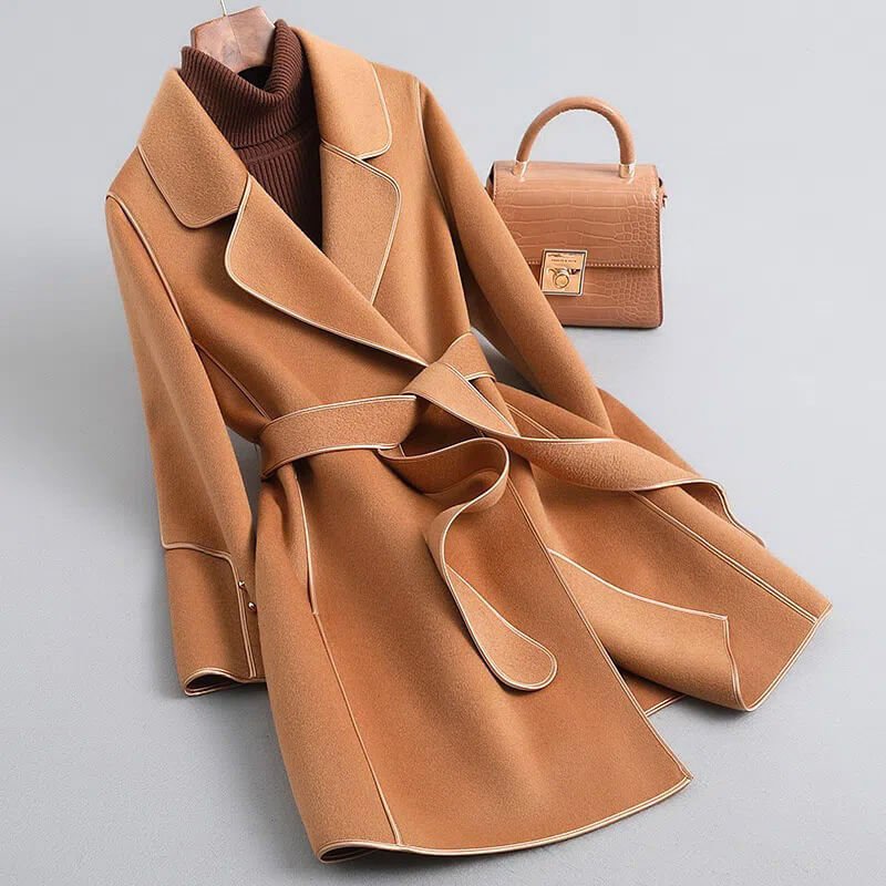 Długi wełniany trencz damski z paskiem, klasyczny płaszcz zimowy, Camel, Czarny, Zielony, Brązowy XS-3XL Elegancki | Sansoti