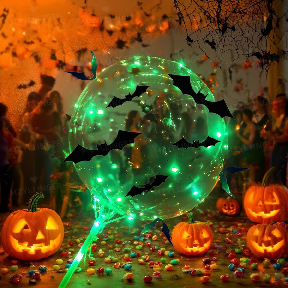 Transparent Party Balloons with Bat Stickers Ambient Lighting Halloween Party Decorations | Sansoti