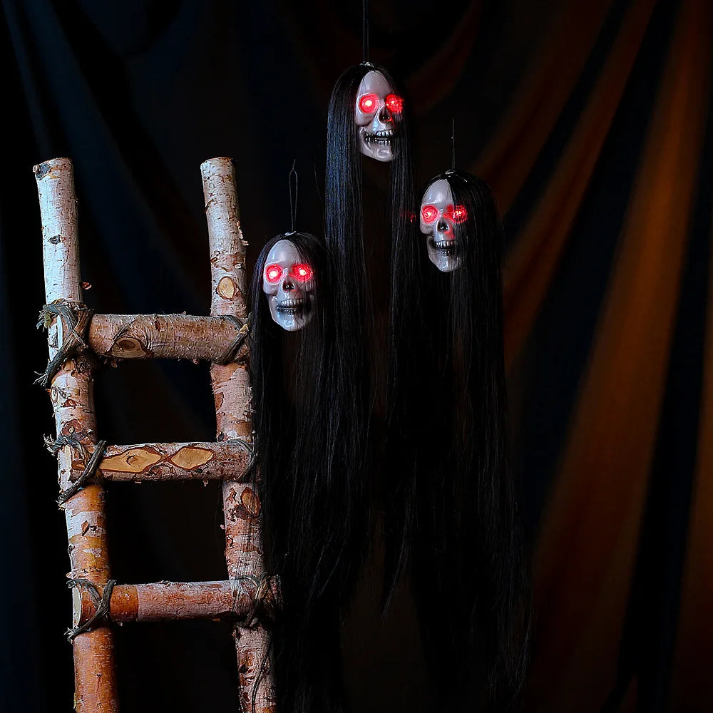 Dekoracja wisząca na Halloween - upiorny szkielet z oświetleniem LED 50 cm, czarne przerażające postacie, dekoracja na przyjęcie Halloween | Sansoti