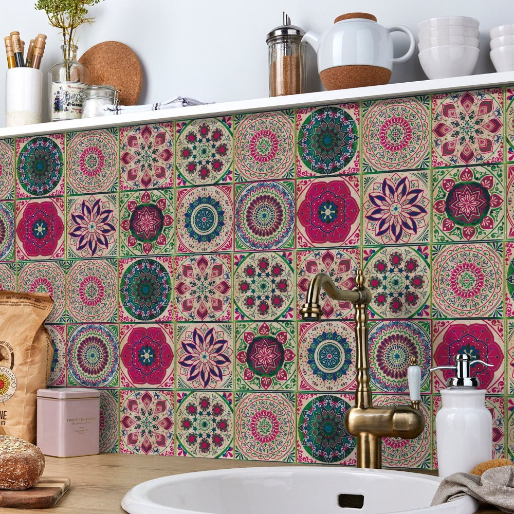 Autocollants adhésifs de carreaux portugais avec motif mandala coloré pour décoration murale de cuisine et salle de bain, lot de 24 pièces | Restfield
