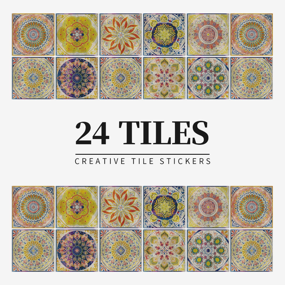 Autocollants adhésifs de carreaux portugais avec motif mandala coloré pour décoration murale de cuisine et salle de bain, lot de 24 pièces | Restfield