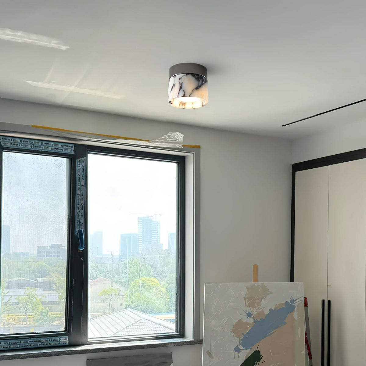 Ronde Plafondlamp Marmer met Glazen Kap Moderne Verlichting voor Woonkamer Slaapkamer Hal en Eetkamer | Sansoti