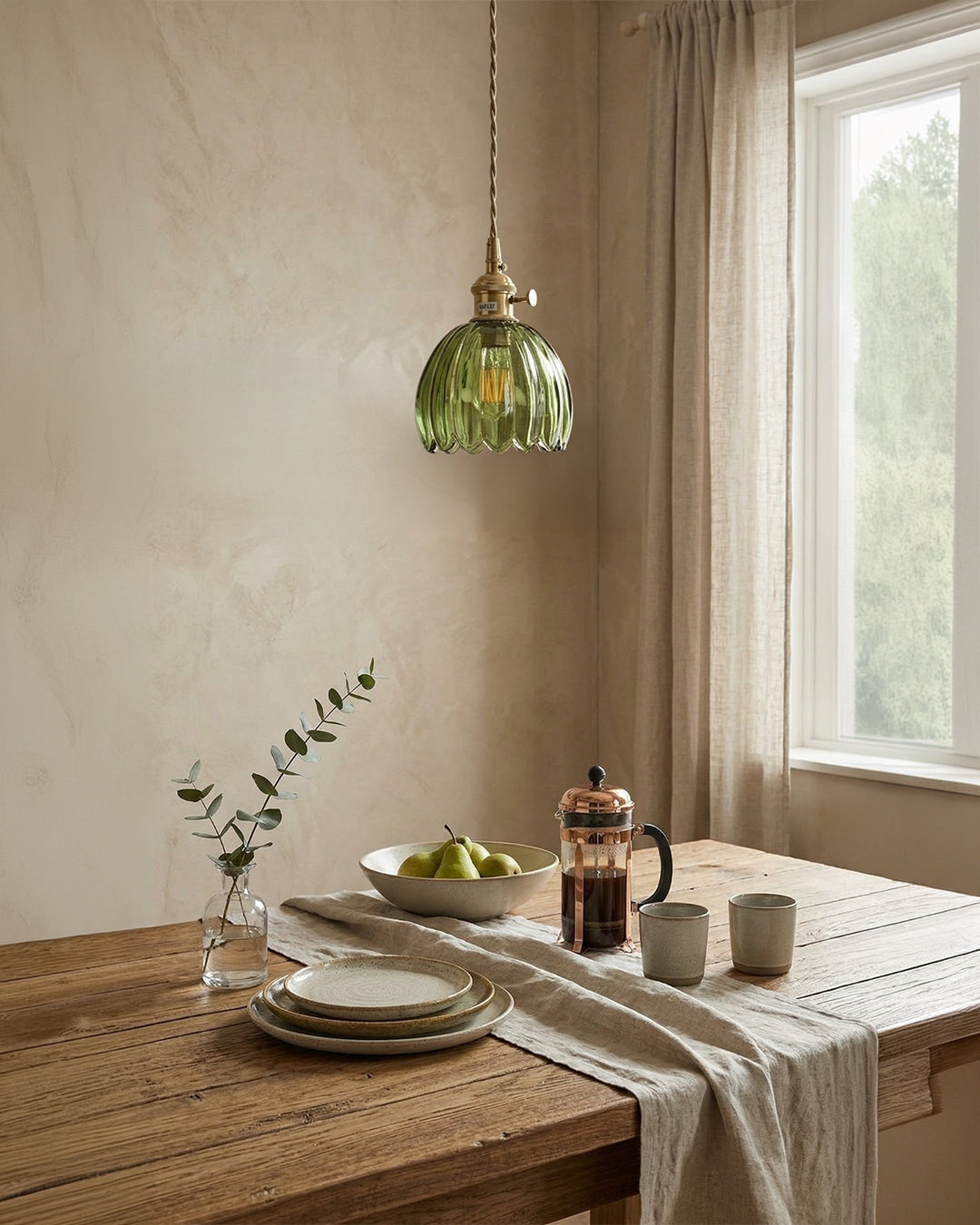 MAREN Hanglamp – Japanse Bloemvormige Glazen Lamp met Zacht Diffuus Licht – Verkrijgbaar in Groen, Transparant, Amber en Rookgrijs – Ø12cm x H18cm | Sansoti