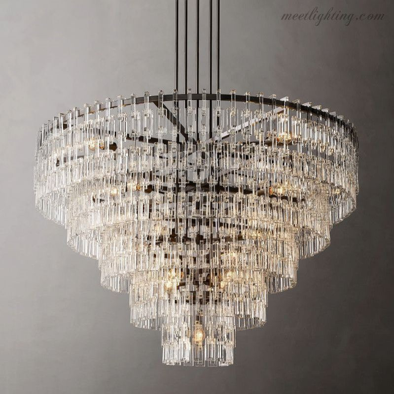 Kristallkronleuchter 155 cm fünf Ebenen 17 Lichtquellen Stahl Glas Luxuriöse Beleuchtung Esszimmer Eingangsbereich Lobby | Sansoti