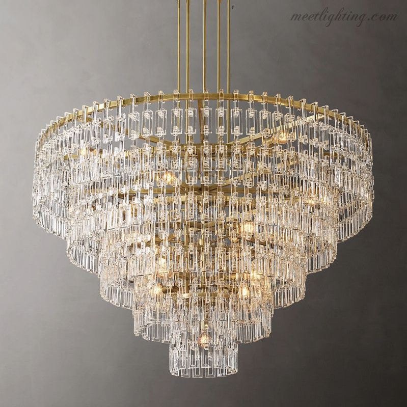 Kristallkronleuchter 155 cm fünf Ebenen 17 Lichtquellen Stahl Glas Luxuriöse Beleuchtung Esszimmer Eingangsbereich Lobby | Sansoti
