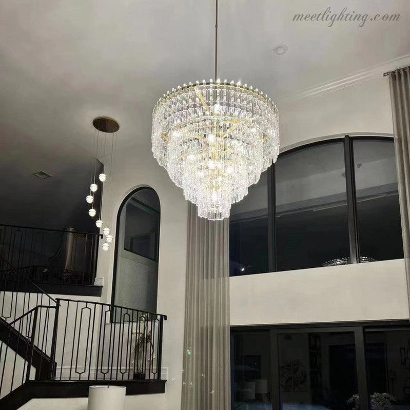 Kristallkronleuchter 155 cm fünf Ebenen 17 Lichtquellen Stahl Glas Luxuriöse Beleuchtung Esszimmer Eingangsbereich Lobby | Sansoti