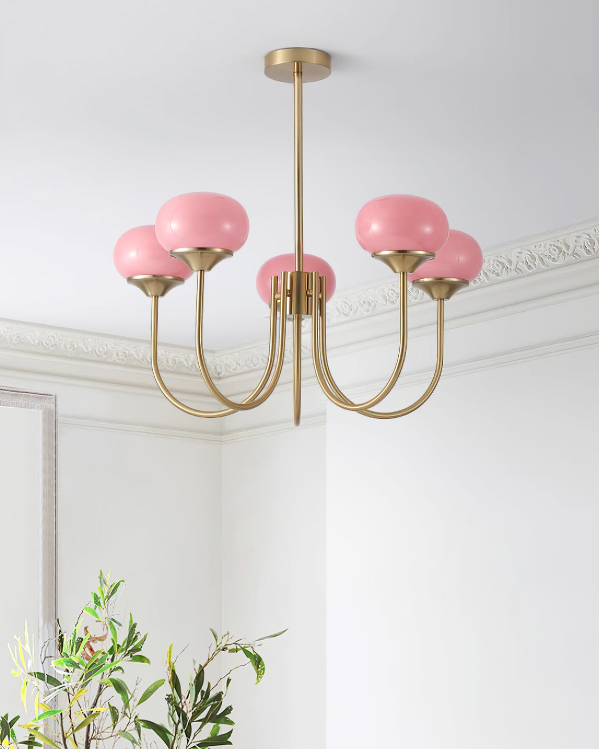 Glaskronleuchter mit rosa, weißen oder cremefarbenen Kugeln und goldenem oder verchromtem Rahmen, moderner Design-Kronleuchter mit 3 oder 5 Lichtquellen für Wohn- und Esszimmer | Restfield