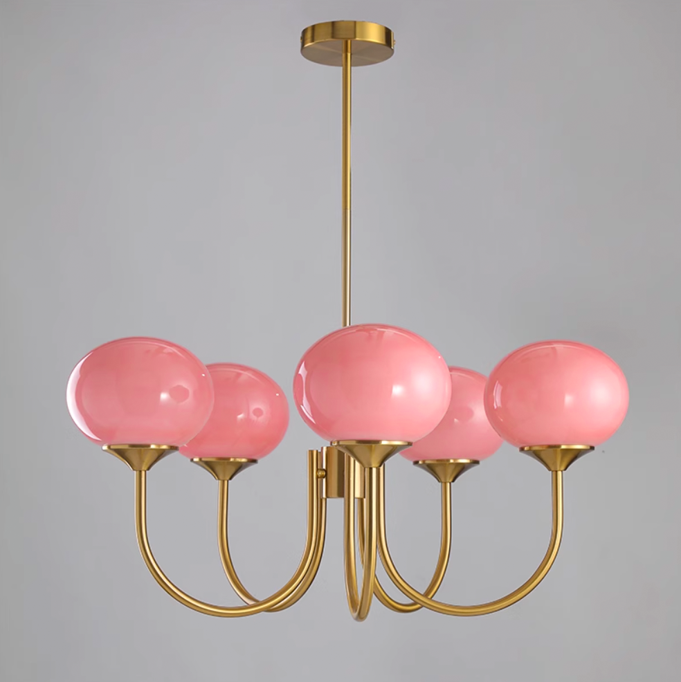 Glaskronleuchter mit rosa, weißen oder cremefarbenen Kugeln und goldenem oder verchromtem Rahmen, moderner Design-Kronleuchter mit 3 oder 5 Lichtquellen für Wohn- und Esszimmer | Restfield