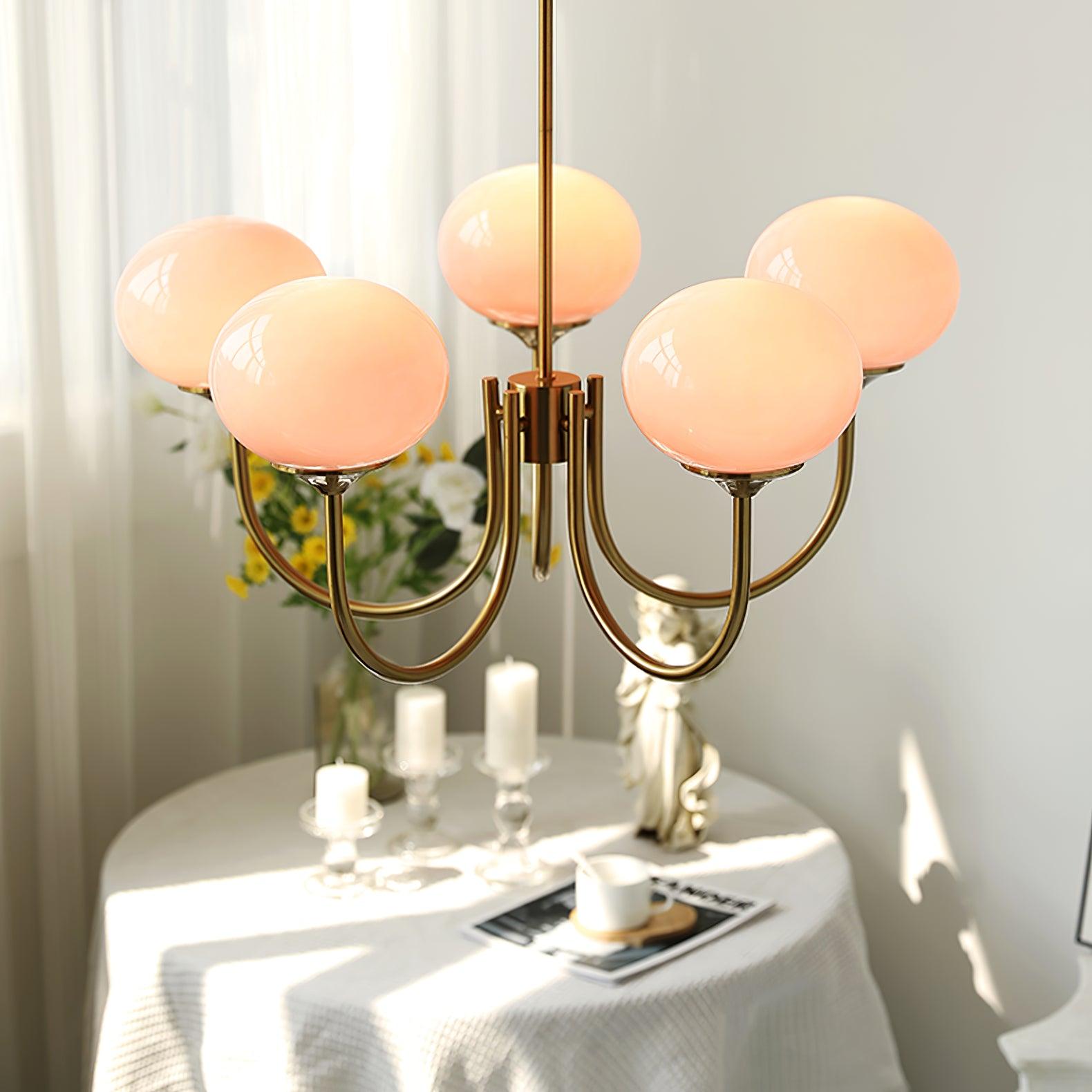 Glaskronleuchter mit rosa, weißen oder cremefarbenen Kugeln und goldenem oder verchromtem Rahmen, moderner Design-Kronleuchter mit 3 oder 5 Lichtquellen für Wohn- und Esszimmer | Restfield