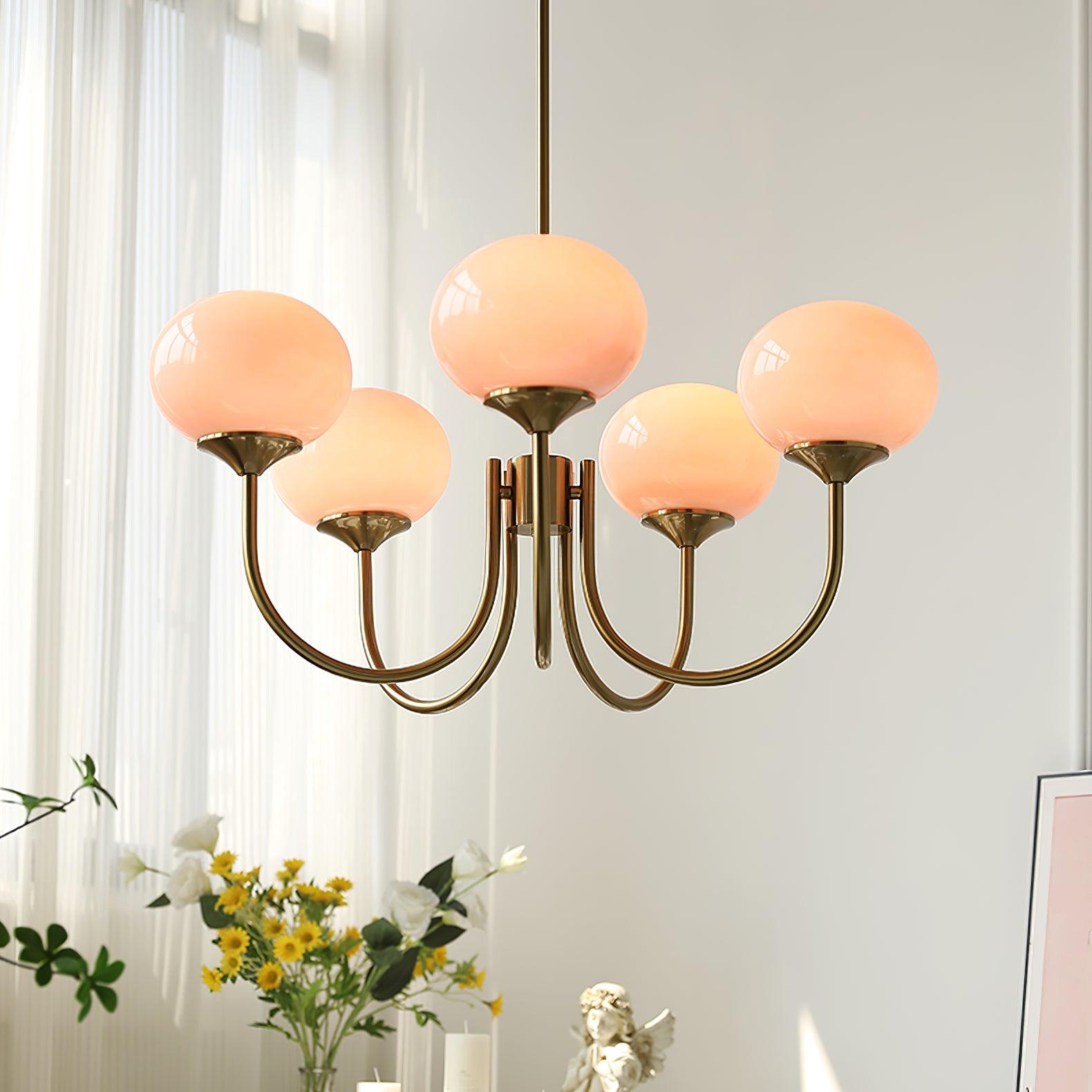 Glaskronleuchter mit rosa, weißen oder cremefarbenen Kugeln und goldenem oder verchromtem Rahmen, moderner Design-Kronleuchter mit 3 oder 5 Lichtquellen für Wohn- und Esszimmer | Restfield