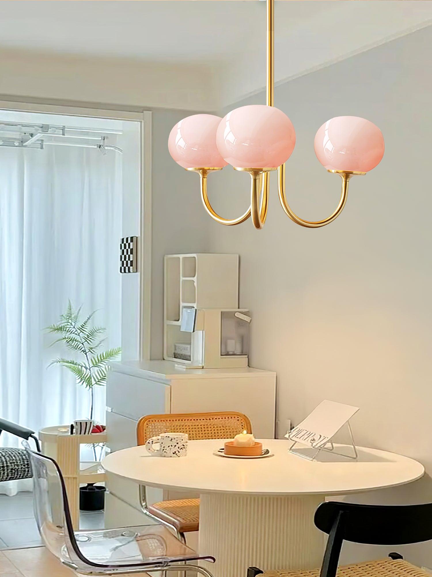 Glaskronleuchter mit rosa, weißen oder cremefarbenen Kugeln und goldenem oder verchromtem Rahmen, moderner Design-Kronleuchter mit 3 oder 5 Lichtquellen für Wohn- und Esszimmer | Restfield