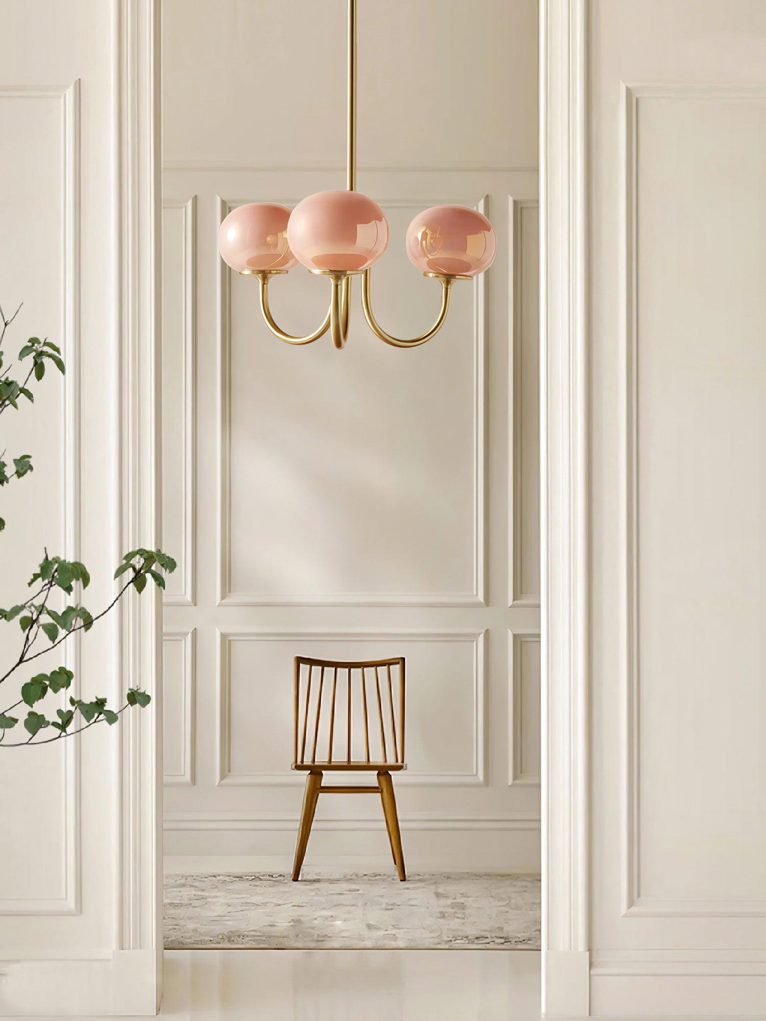 Glaskronleuchter mit rosa, weißen oder cremefarbenen Kugeln und goldenem oder verchromtem Rahmen, moderner Design-Kronleuchter mit 3 oder 5 Lichtquellen für Wohn- und Esszimmer | Restfield