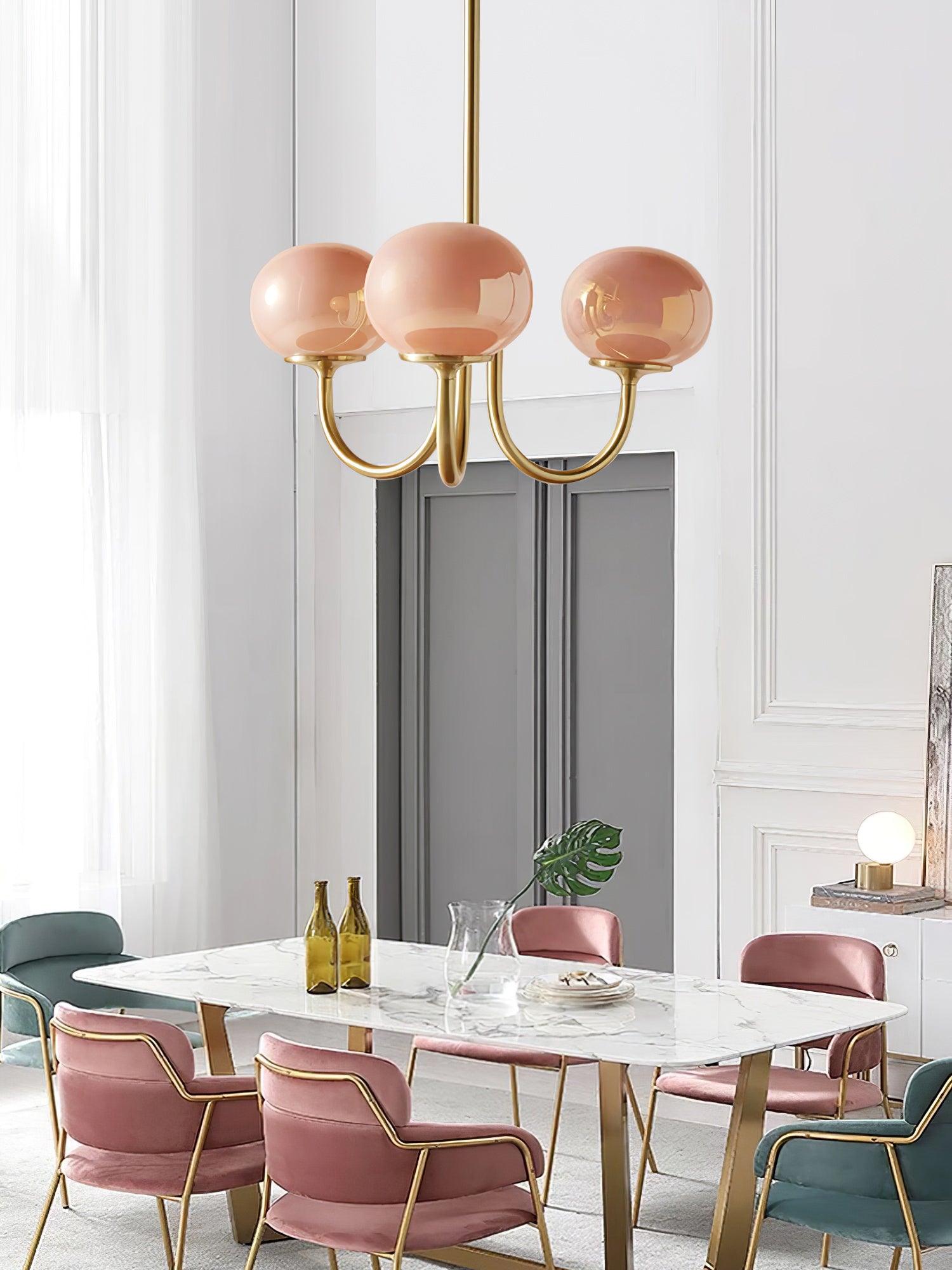 Glaskronleuchter mit rosa, weißen oder cremefarbenen Kugeln und goldenem oder verchromtem Rahmen, moderner Design-Kronleuchter mit 3 oder 5 Lichtquellen für Wohn- und Esszimmer | Restfield