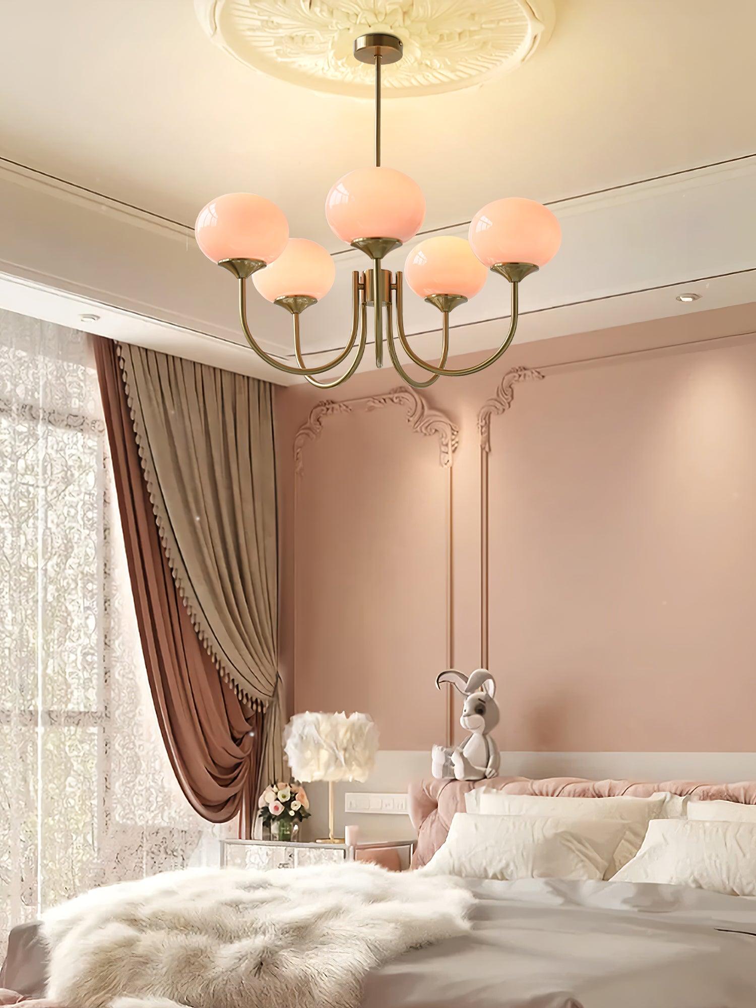 Glaskronleuchter mit rosa, weißen oder cremefarbenen Kugeln und goldenem oder verchromtem Rahmen, moderner Design-Kronleuchter mit 3 oder 5 Lichtquellen für Wohn- und Esszimmer | Restfield