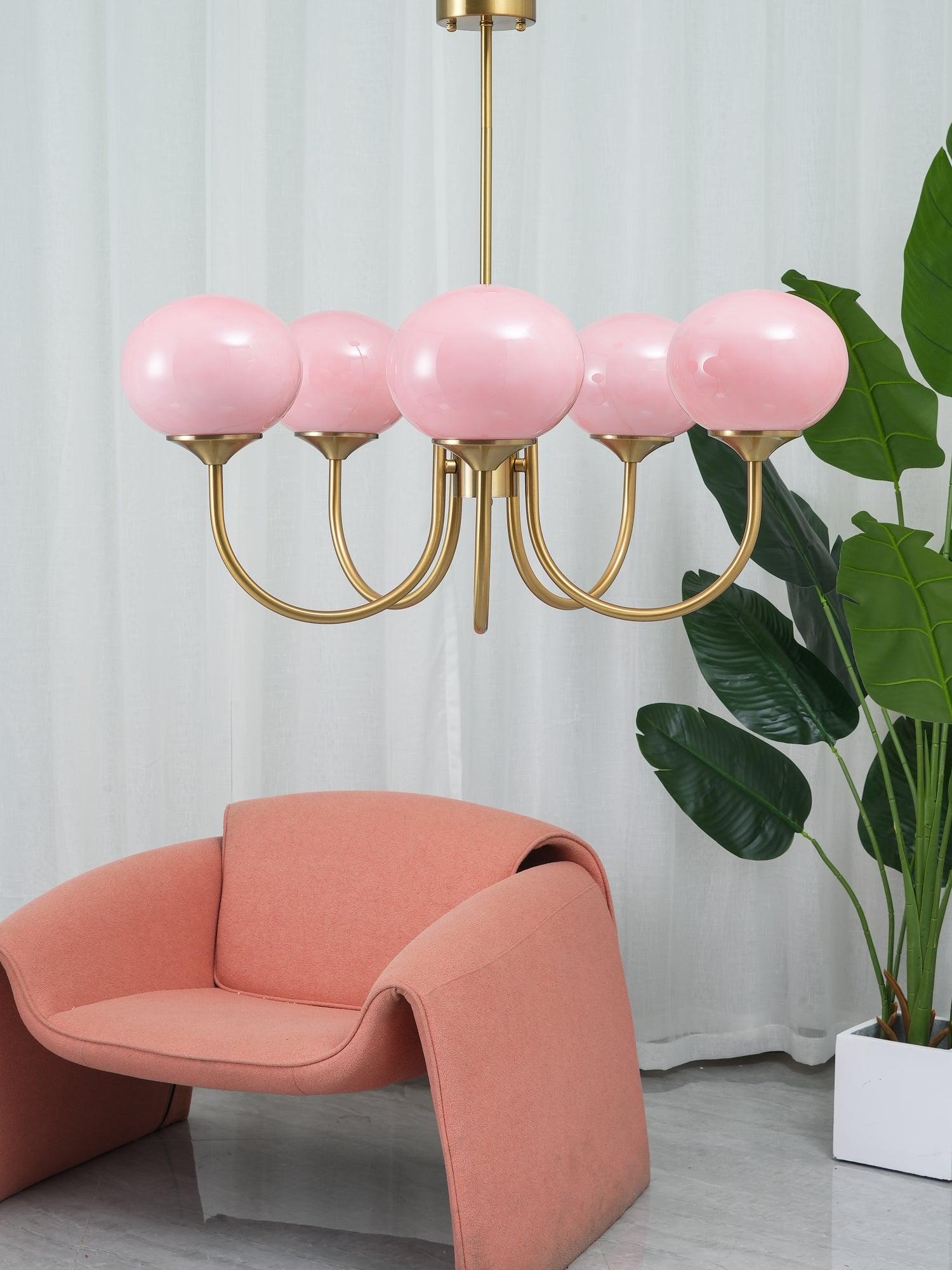 Glaskronleuchter mit rosa, weißen oder cremefarbenen Kugeln und goldenem oder verchromtem Rahmen, moderner Design-Kronleuchter mit 3 oder 5 Lichtquellen für Wohn- und Esszimmer | Restfield