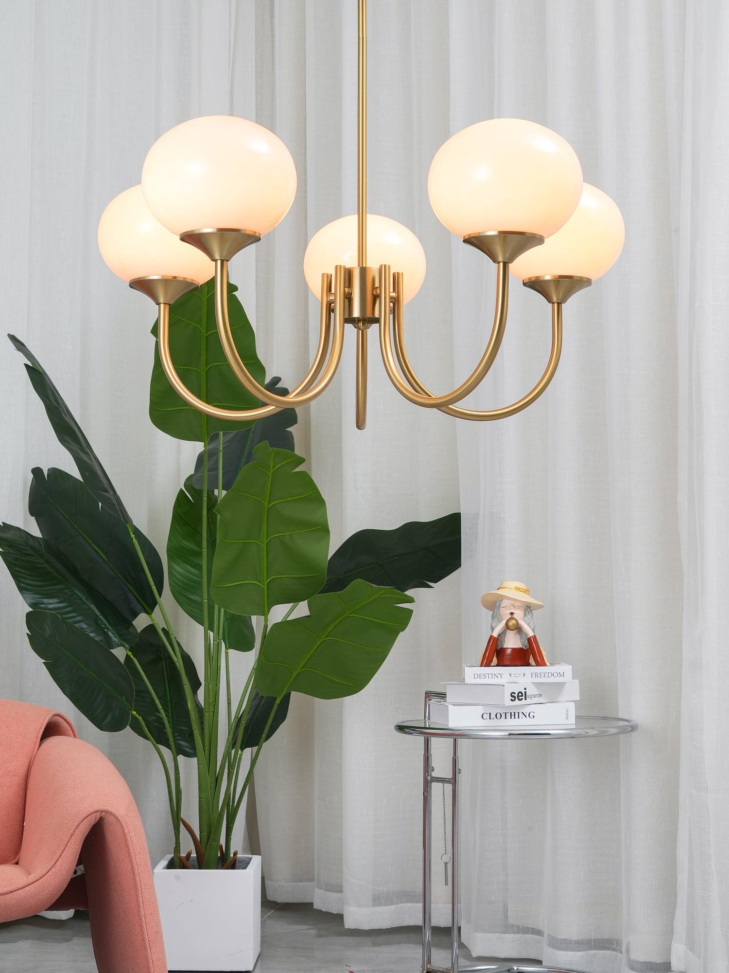 Glaskronleuchter mit rosa, weißen oder cremefarbenen Kugeln und goldenem oder verchromtem Rahmen, moderner Design-Kronleuchter mit 3 oder 5 Lichtquellen für Wohn- und Esszimmer | Restfield