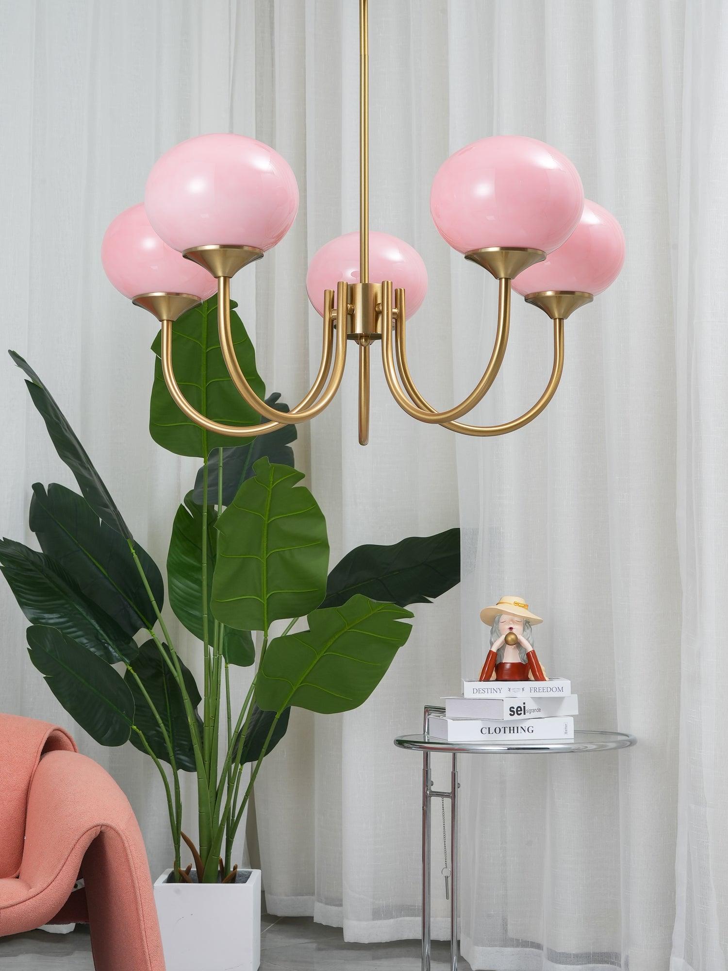 Glaskronleuchter mit rosa, weißen oder cremefarbenen Kugeln und goldenem oder verchromtem Rahmen, moderner Design-Kronleuchter mit 3 oder 5 Lichtquellen für Wohn- und Esszimmer | Restfield