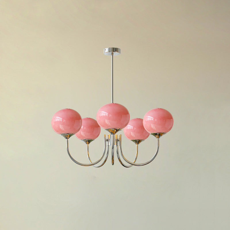 Glaskronleuchter mit rosa, weißen oder cremefarbenen Kugeln und goldenem oder verchromtem Rahmen, moderner Design-Kronleuchter mit 3 oder 5 Lichtquellen für Wohn- und Esszimmer | Restfield