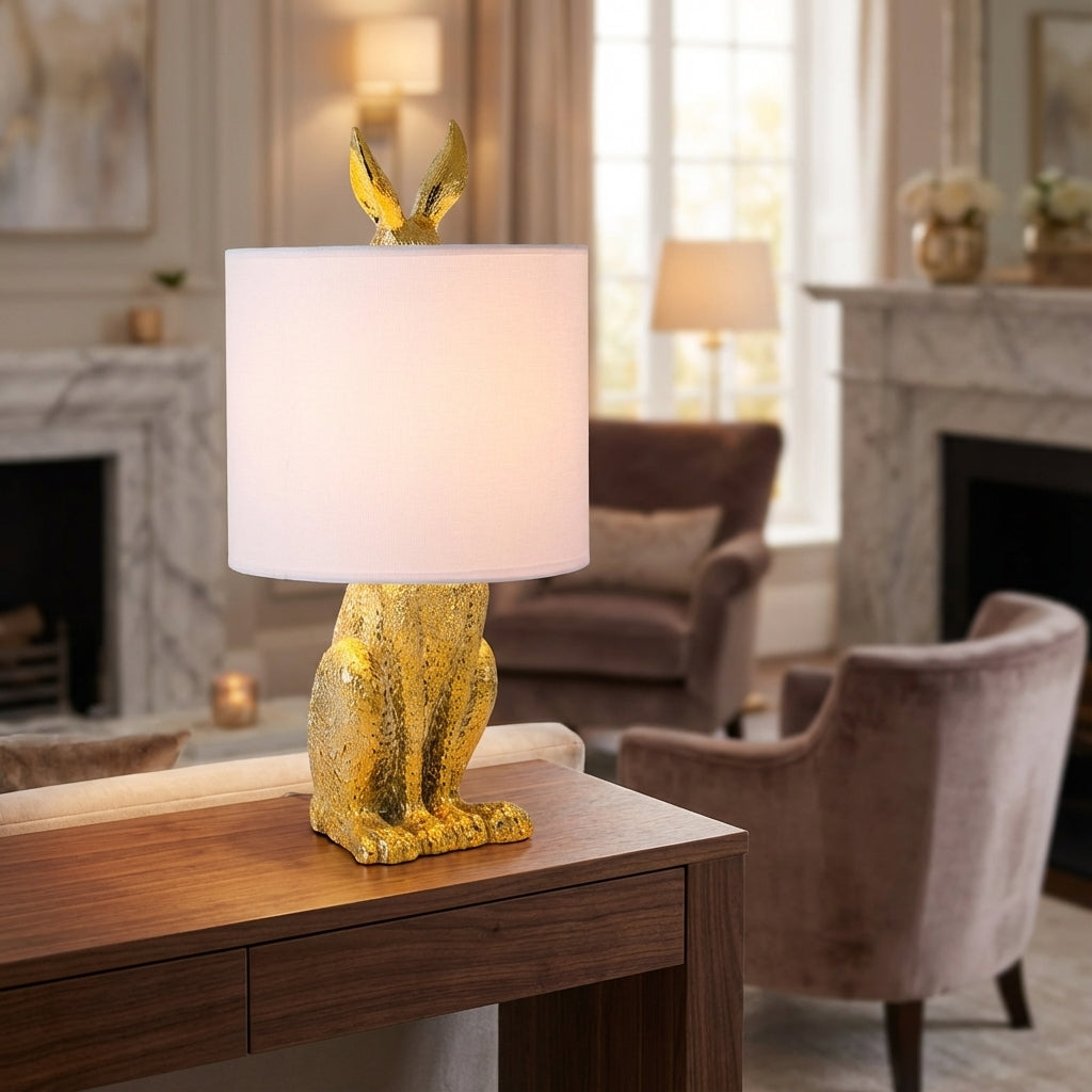 Tafellamp Konijn Goud Resin Linnen Kap E27 50cm Woonkamer Slaapkamer Decoratieve Nachtkastlamp Dierenlamp Sfeerverlichting | Sansoti