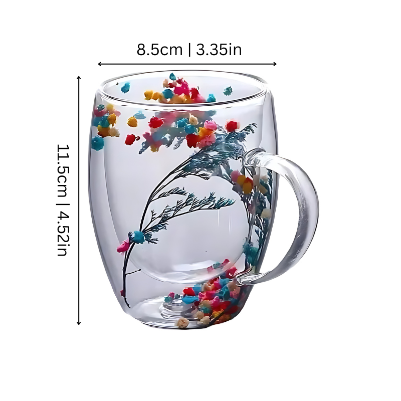 Dubbelwandige Cappuccinokop met Droogbloemen 300ml Glas Thermische Isolatie Ergonomische Greep Koffiekop | Sansoti