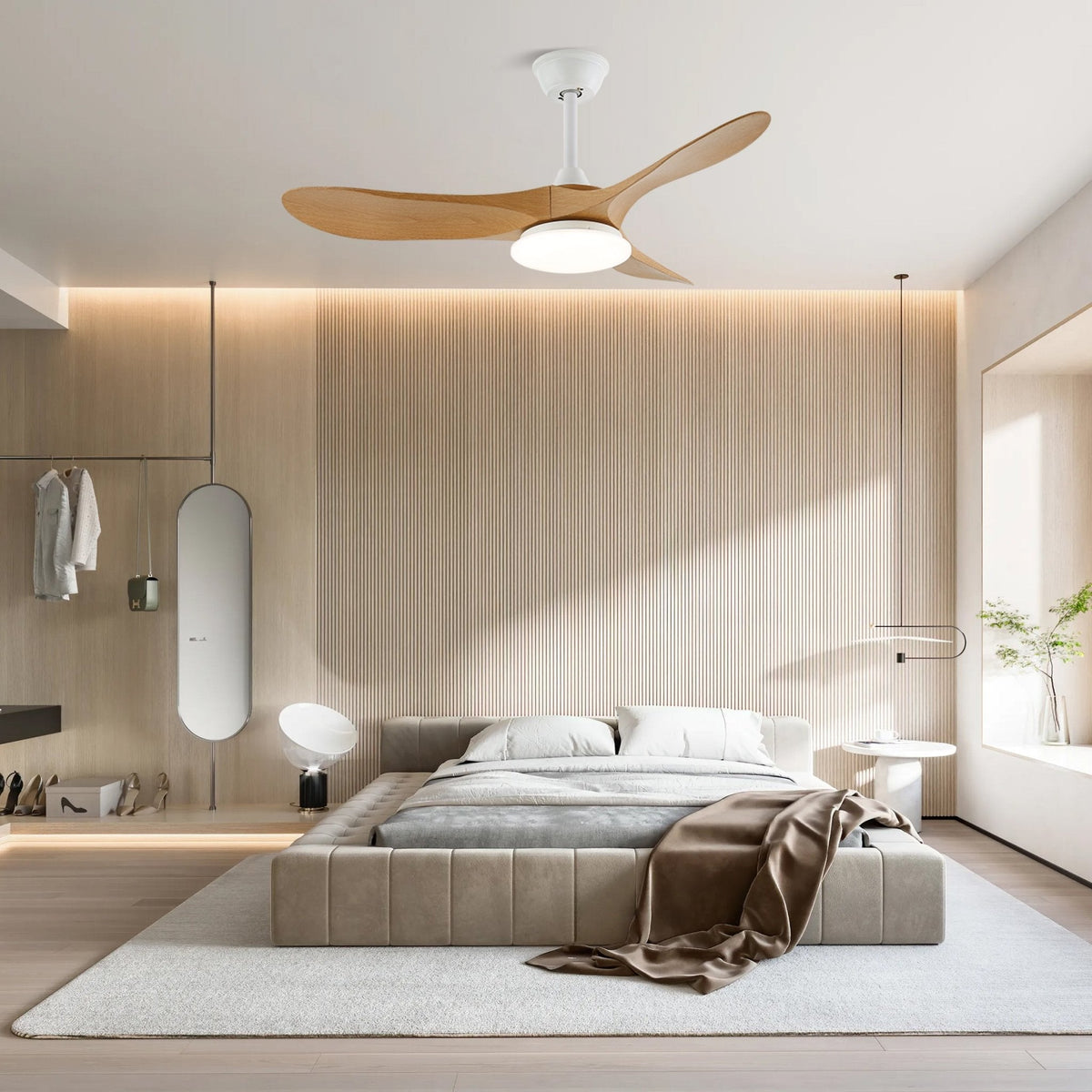 Ventilateur de plafond avec éclairage en bois, 106cm 132cm, 6 vitesses, lampe LED à intensité variable, télécommande, chambre | Sansoti