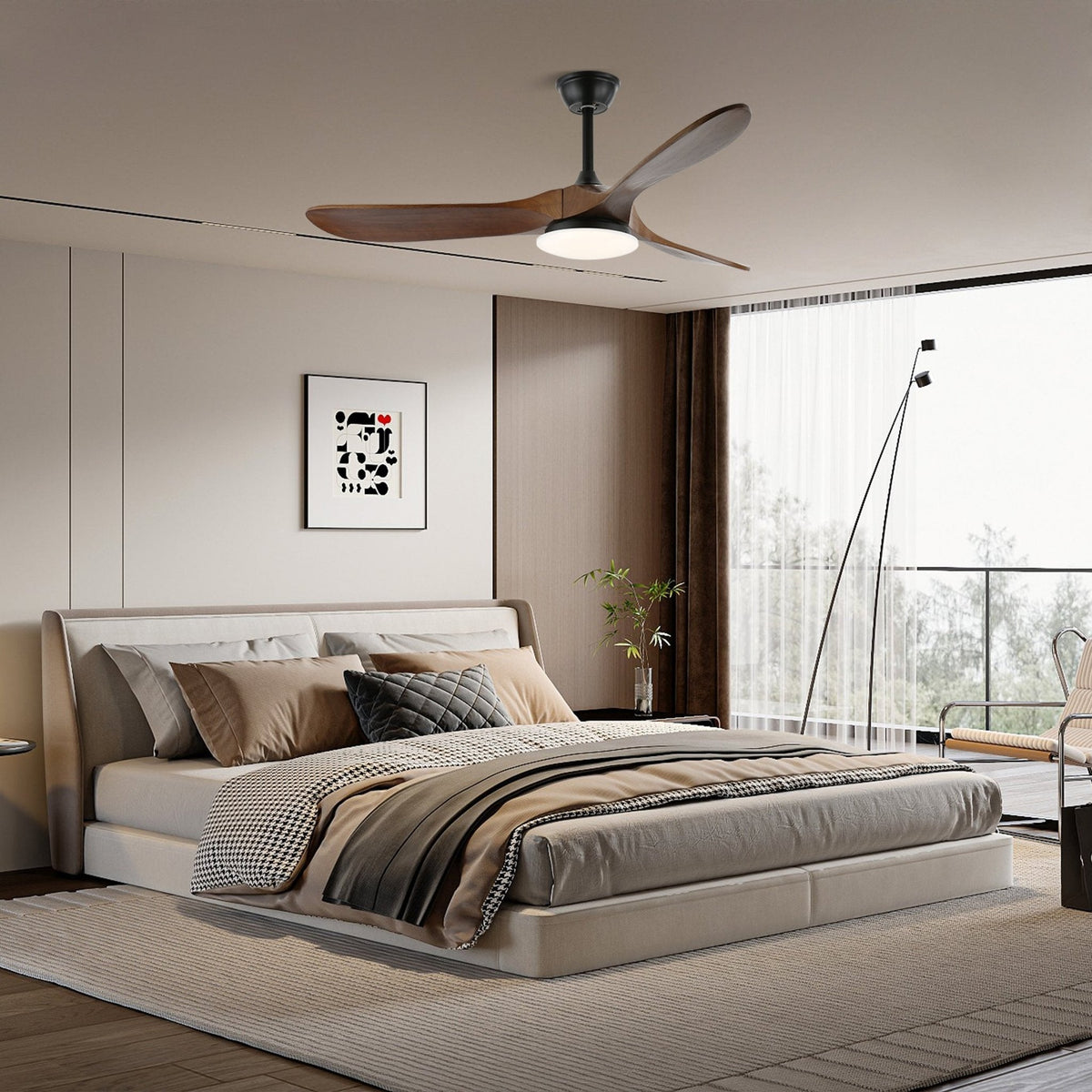 Ventilateur de plafond avec éclairage en bois, 106cm 132cm, 6 vitesses, lampe LED à intensité variable, télécommande, chambre | Sansoti